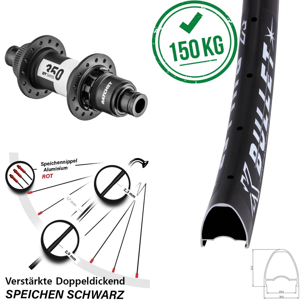 Centerlock Hinterrad 12x142 29 Zoll KX Bullet DT Swiss 350 Ratchet 36 XDR 11-12 fach