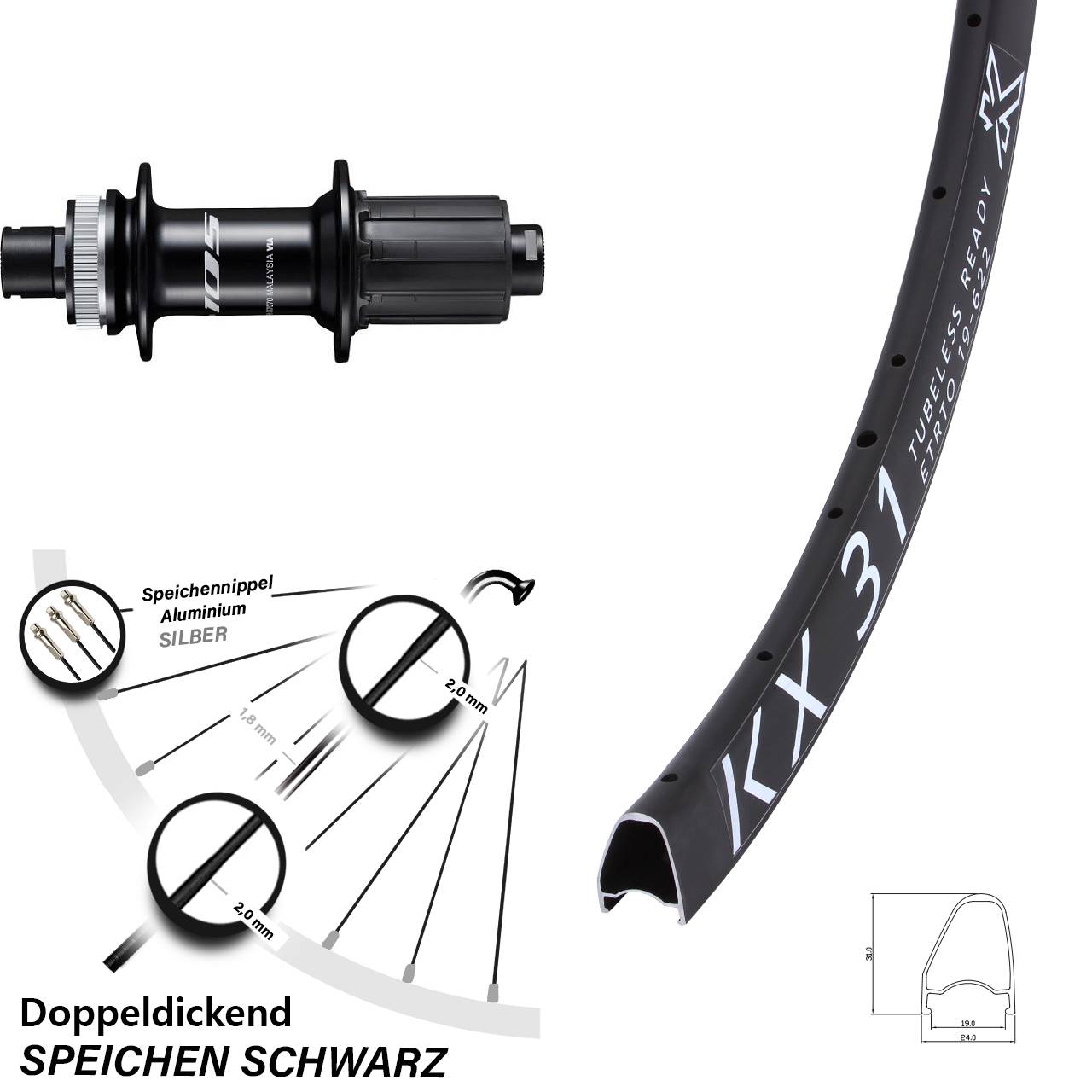 KX31 OS Shimano 105 28 Zoll Disc Hinterrad 12x142 8-12 fach