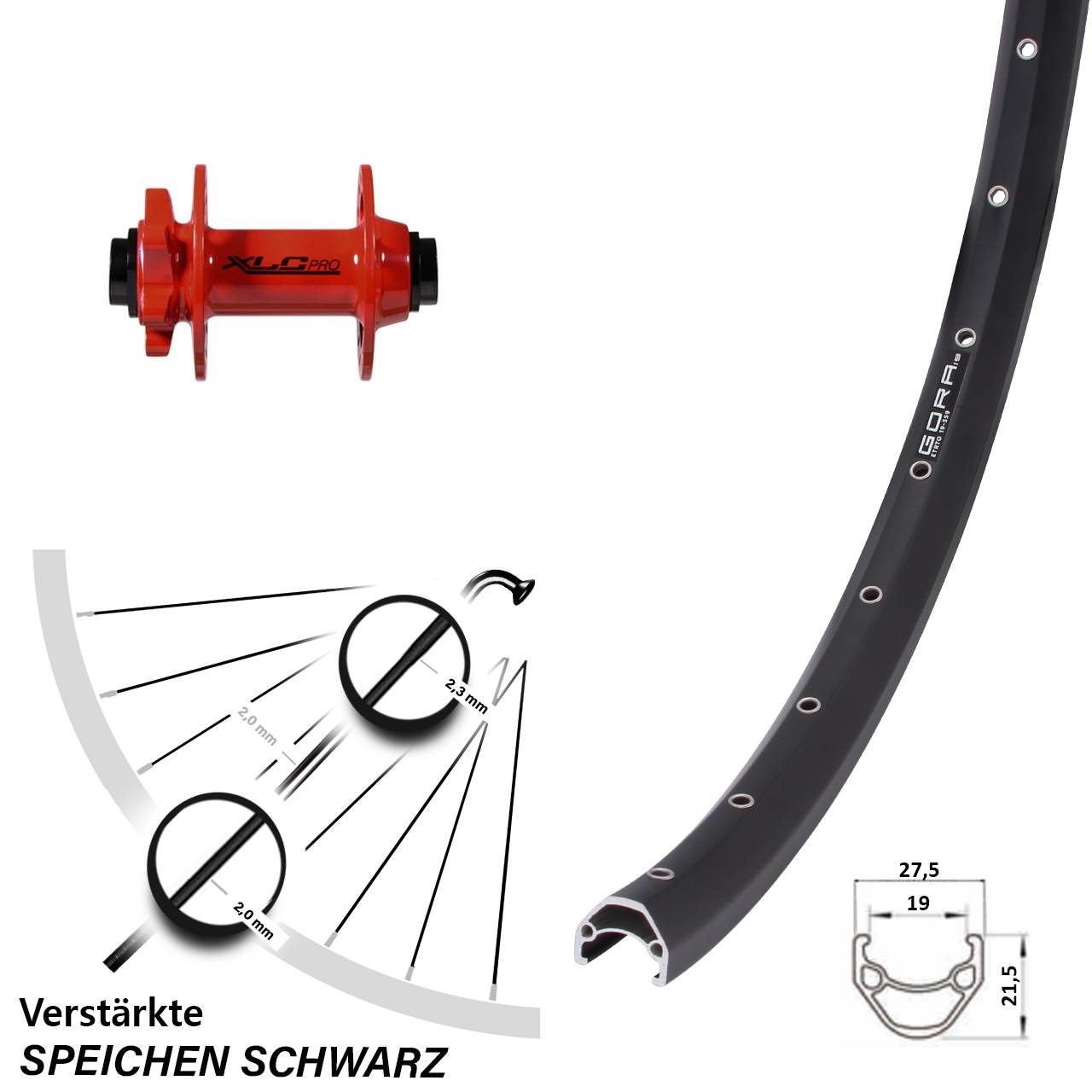 26 Zoll Gora 19 XLC rot Disc Vorderrad verstärkt 15x100