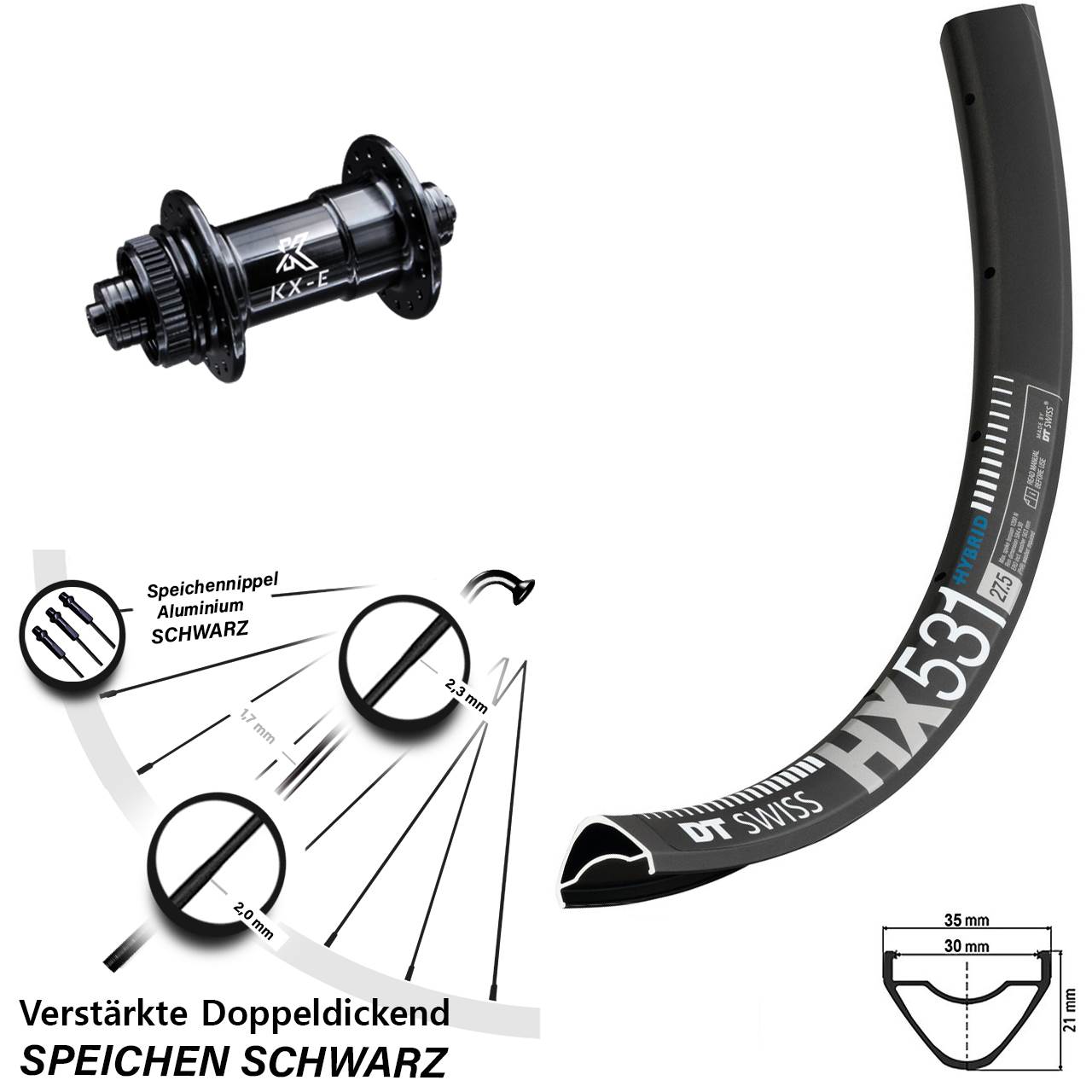 schwarzes 29 Zoll Vorderrad DT Swiss HX 531 KX-E Centerlock schwarz verstärkt 5x100 mm
