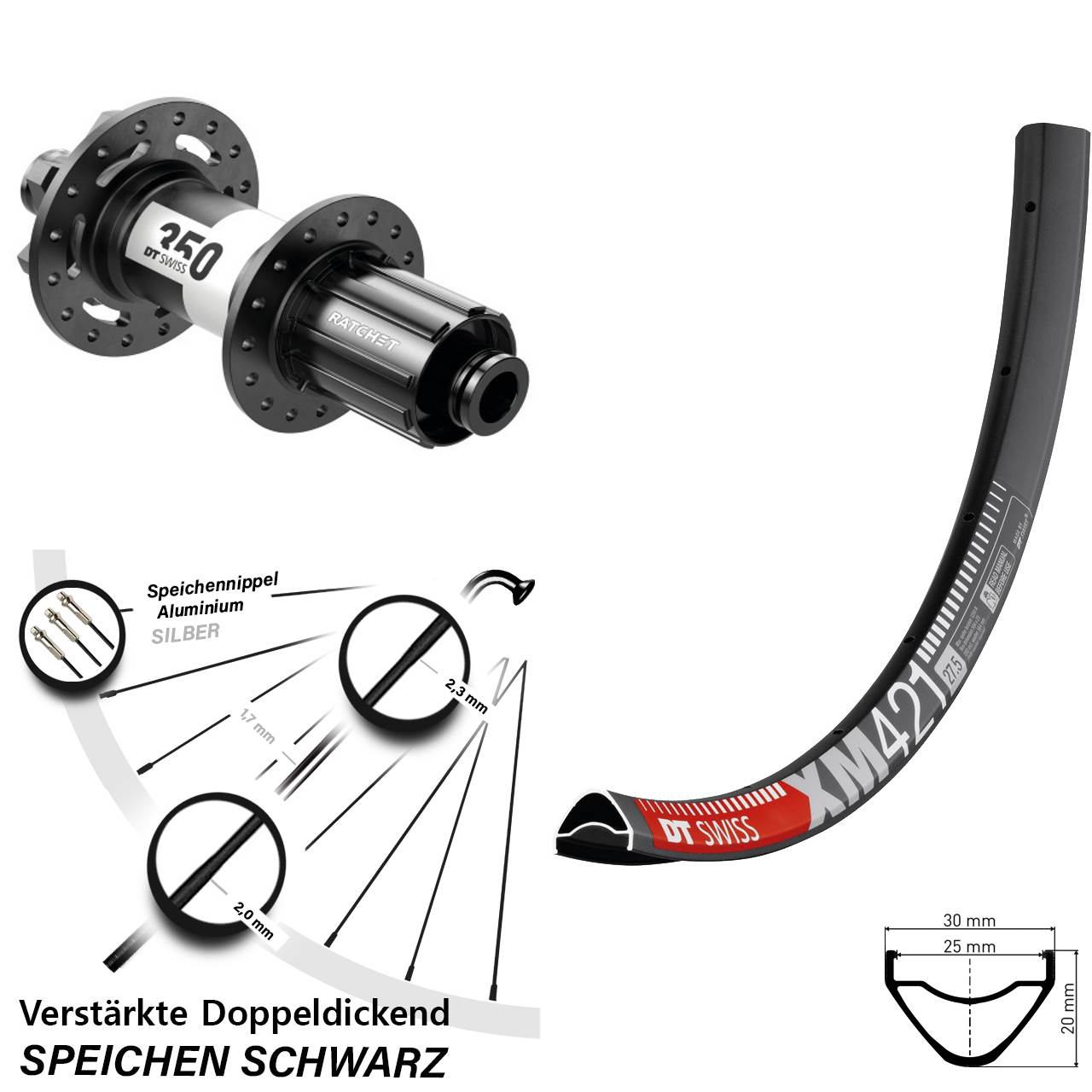 DT Swiss XM 421-350 27,5 Zoll Hinterrad 6-Loch Disc 12x142 8-11 fach HG