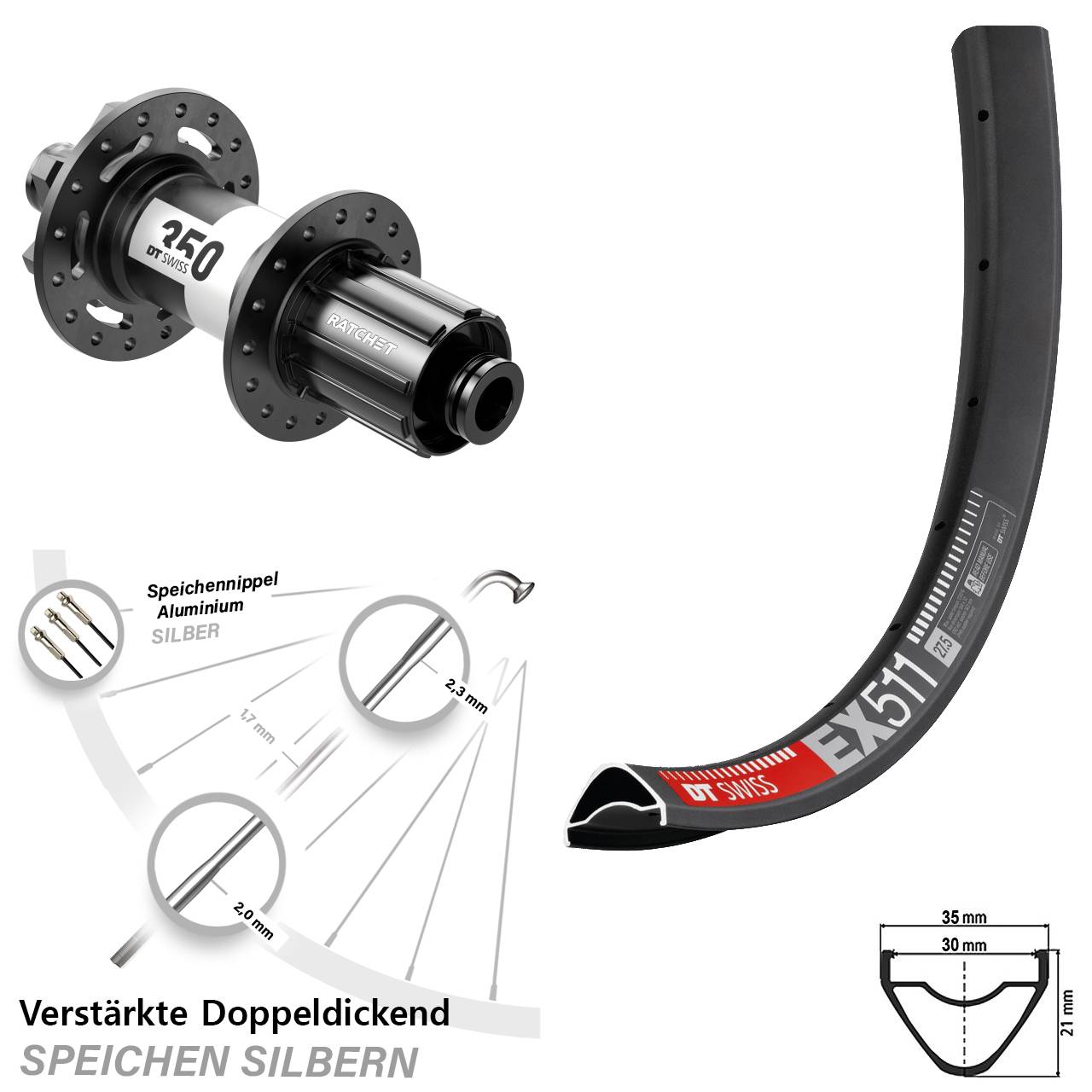 DT Swiss EX 511-350 Downhill 29 Zoll Disc Hinterrad 12x150 (DH alt) 8-11 fach HG