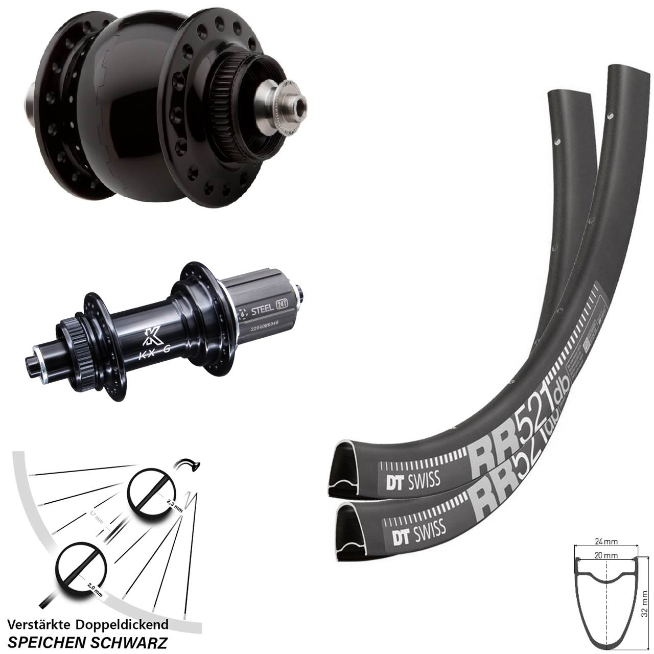 Centerlock Laufradsatz 28 Zoll DT Swiss RR 521 KX-GS verstärkt SON delux 8-12 fach QR
