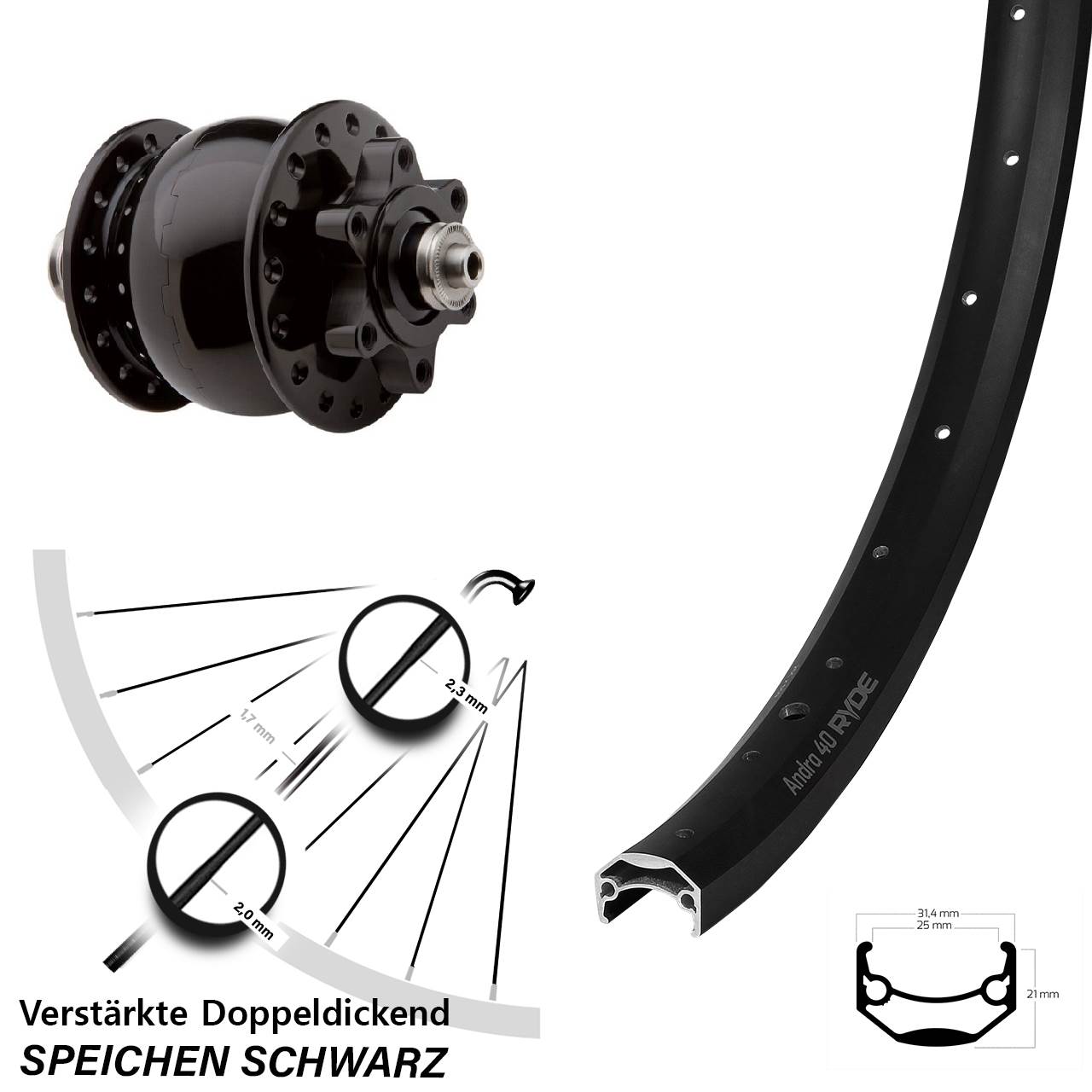 Nabendynamovorderrad 6-Loch QR 29 Zoll Ryde Andra 40 SON 28