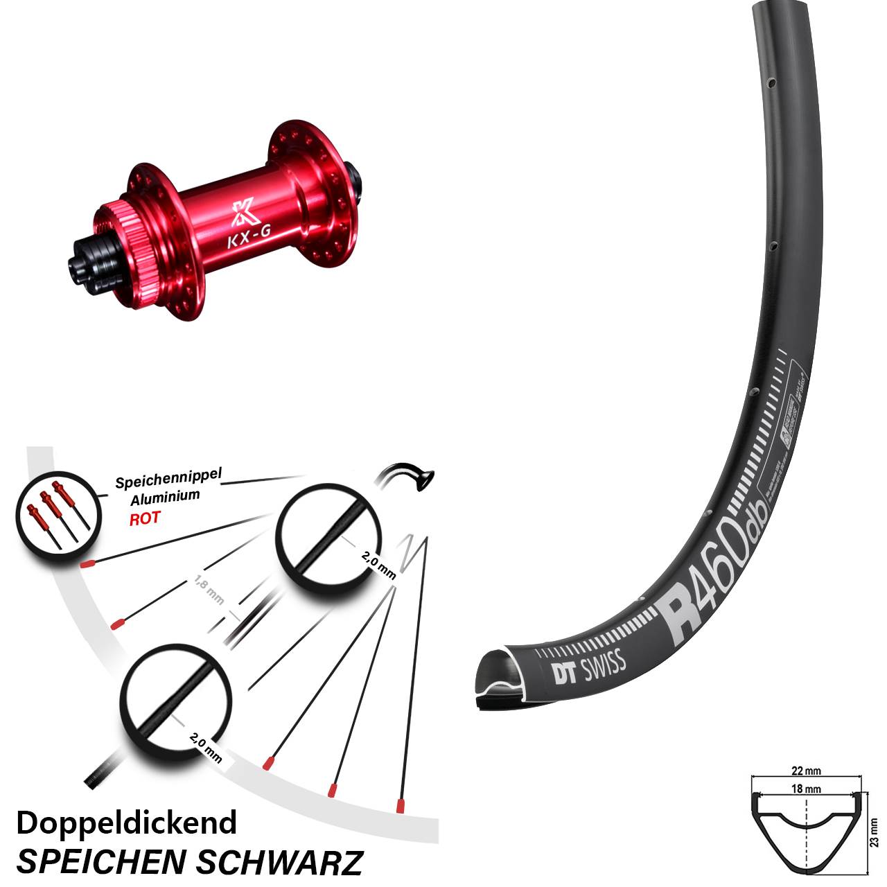 28 Zoll Vorderrad DT Swiss R 460 DB mit KX-G Nabe rot-eloxiert