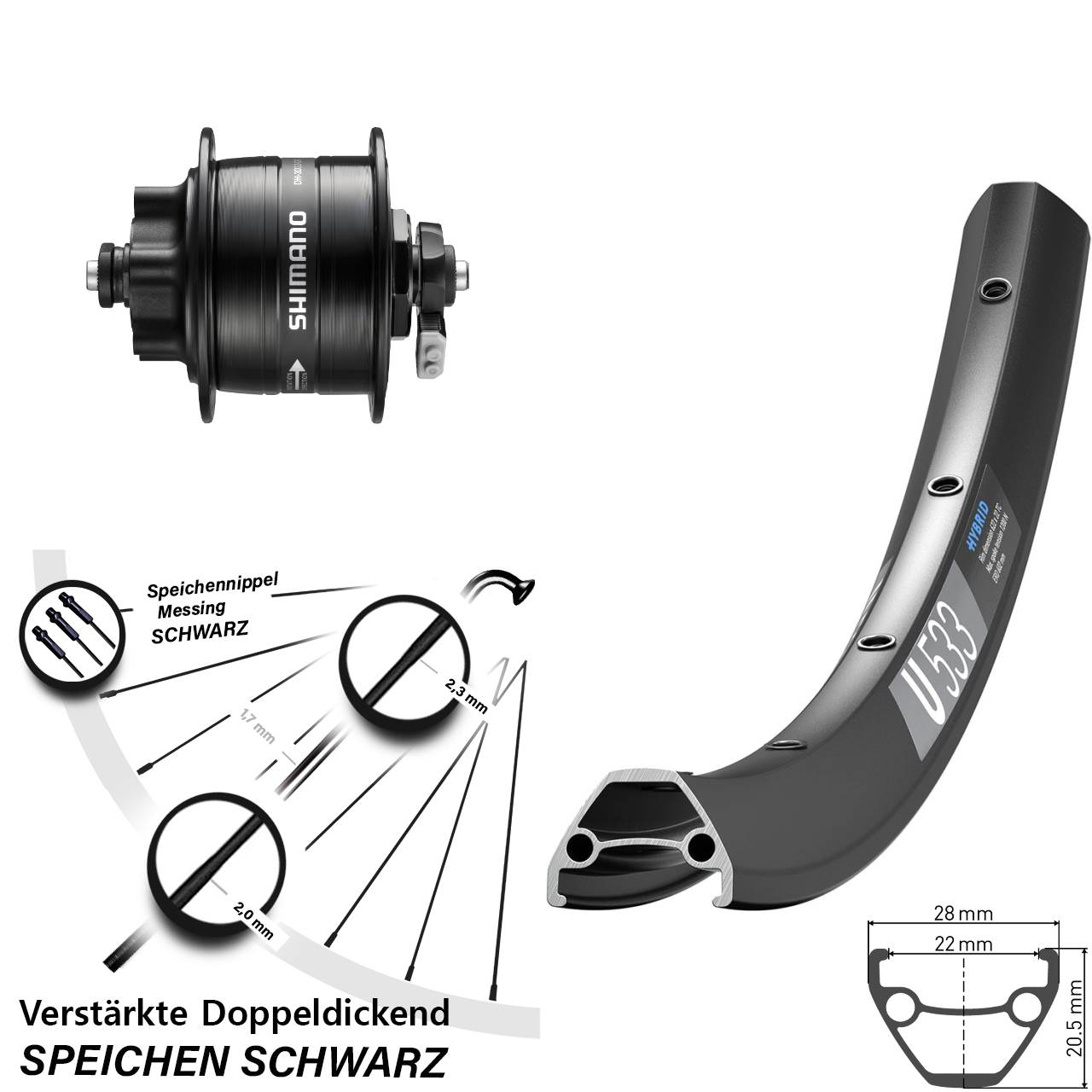 Disc Dynamo-Vorderrad QR 28-29 Zoll DT Swiss U533 Shimano DH-3D32