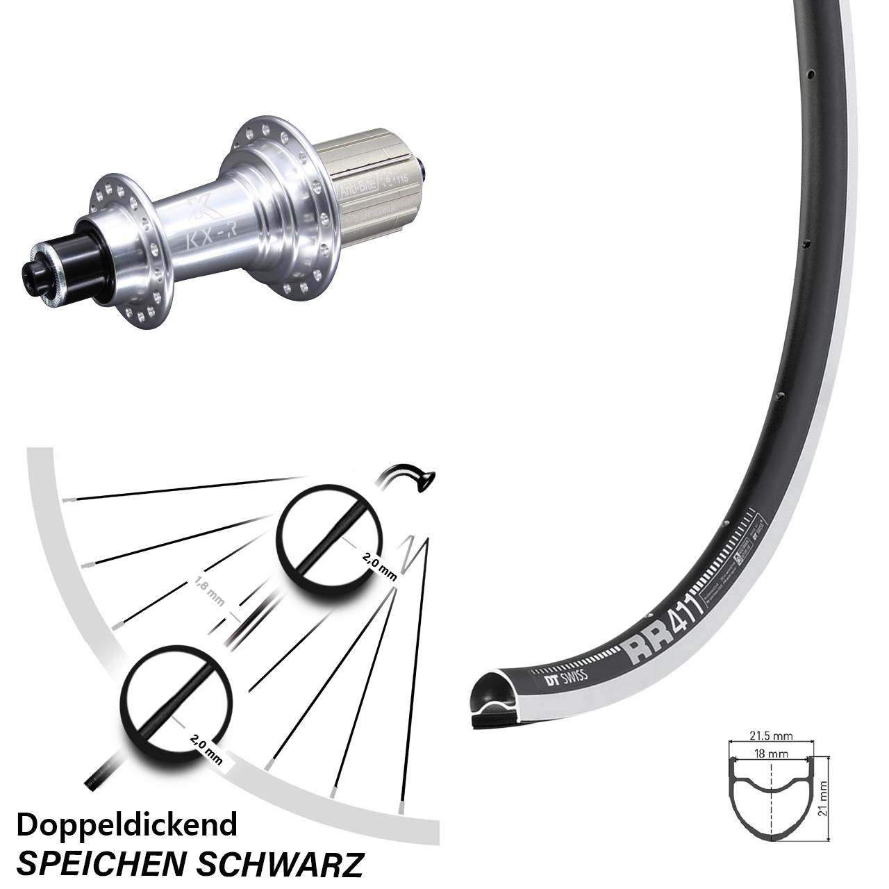 Hinterrad für Schnellspanner 28 Zoll DT Swiss RR411 KX-R 8-12 fach HG