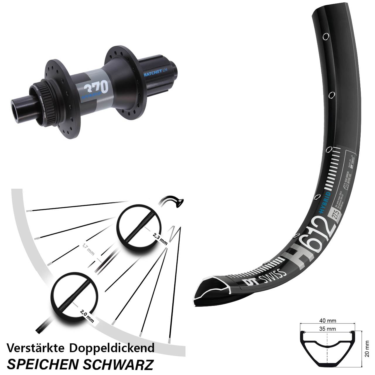 27,5 Zoll verstärkt H612 DT Swiss 370 Hybrid Hinterrad 12x148 Boost 8-11 fach HG