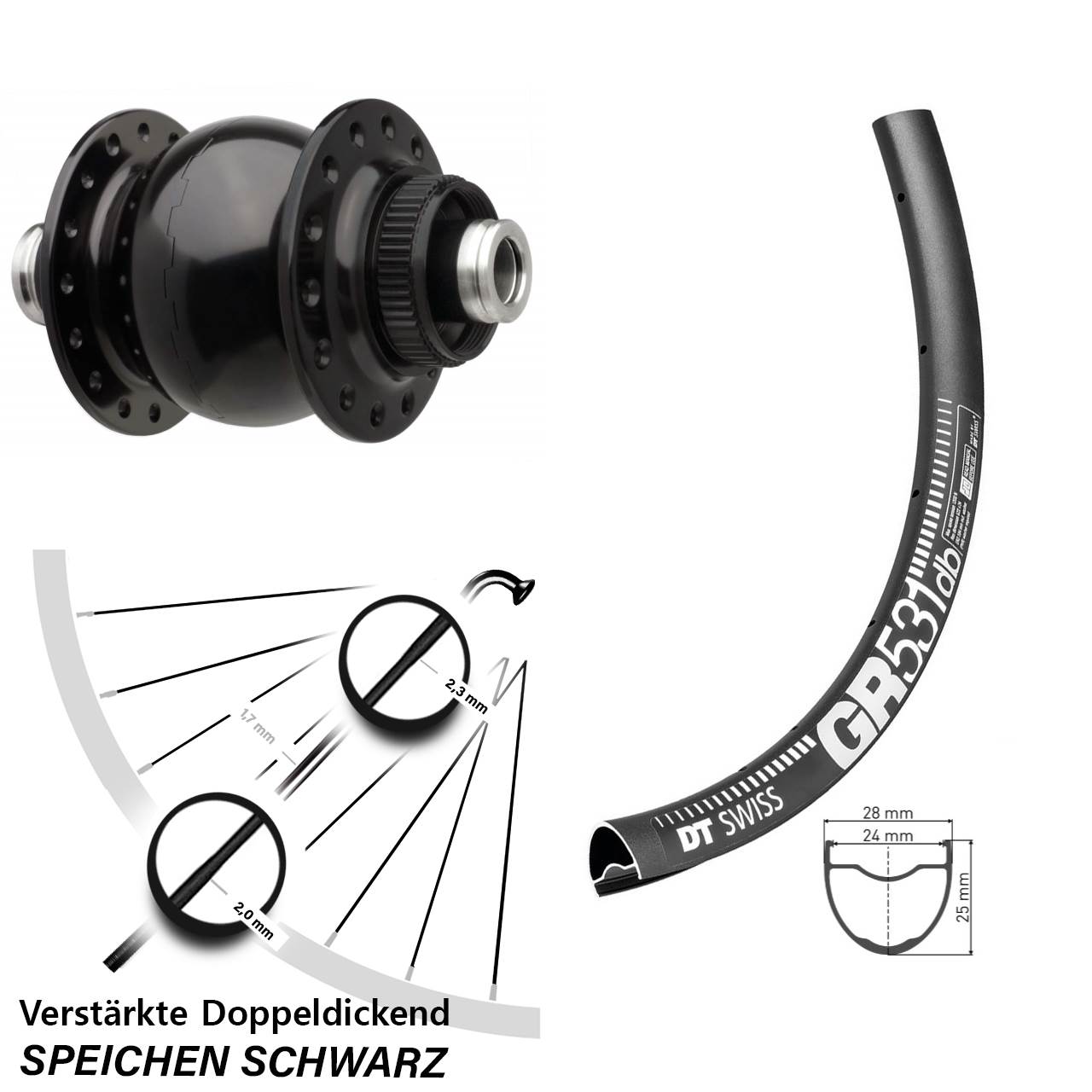 27,5 Zoll DT Swiss GR 531 Vorderrad SON 28-12 Boost 12x110 mm Bikepacking verstärkt
