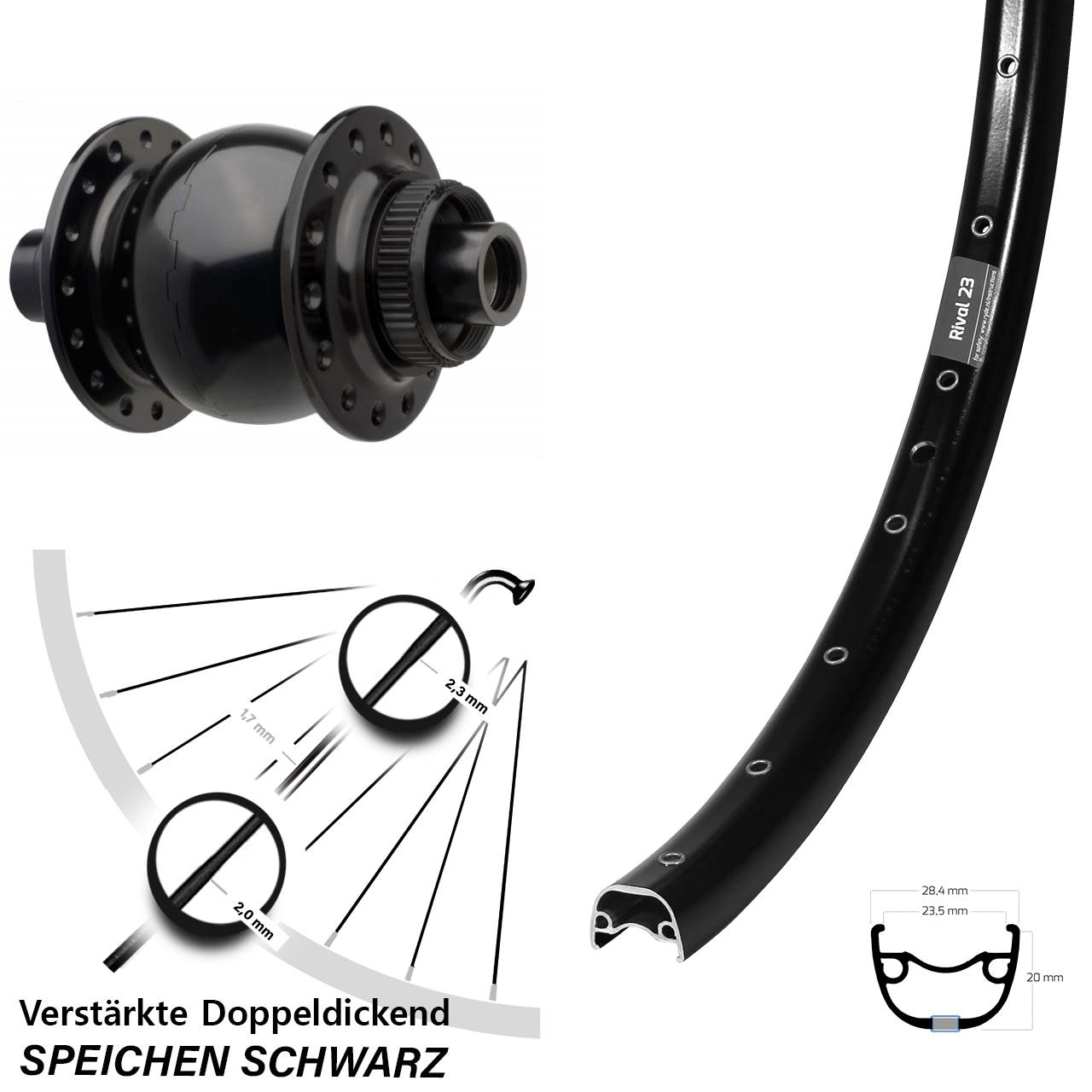 SON 28 Ryde Rival 23 27,5 Zoll Nabendynamovorderrad Centerlock 15x110 Boost