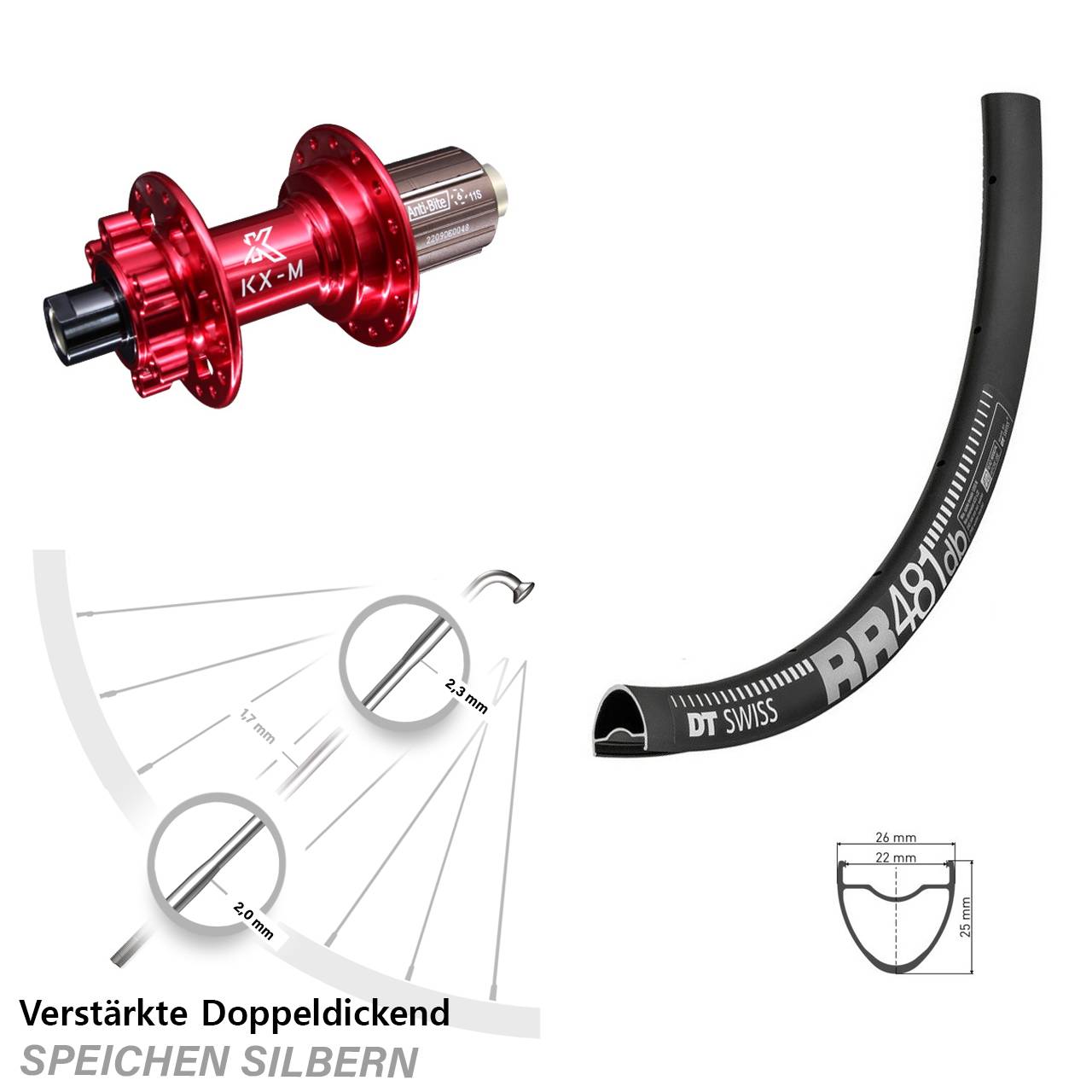 28 Zoll DT Swiss RR481 KX-M rot 6-Loch Hinterrad 12x142 8-12 fach HG