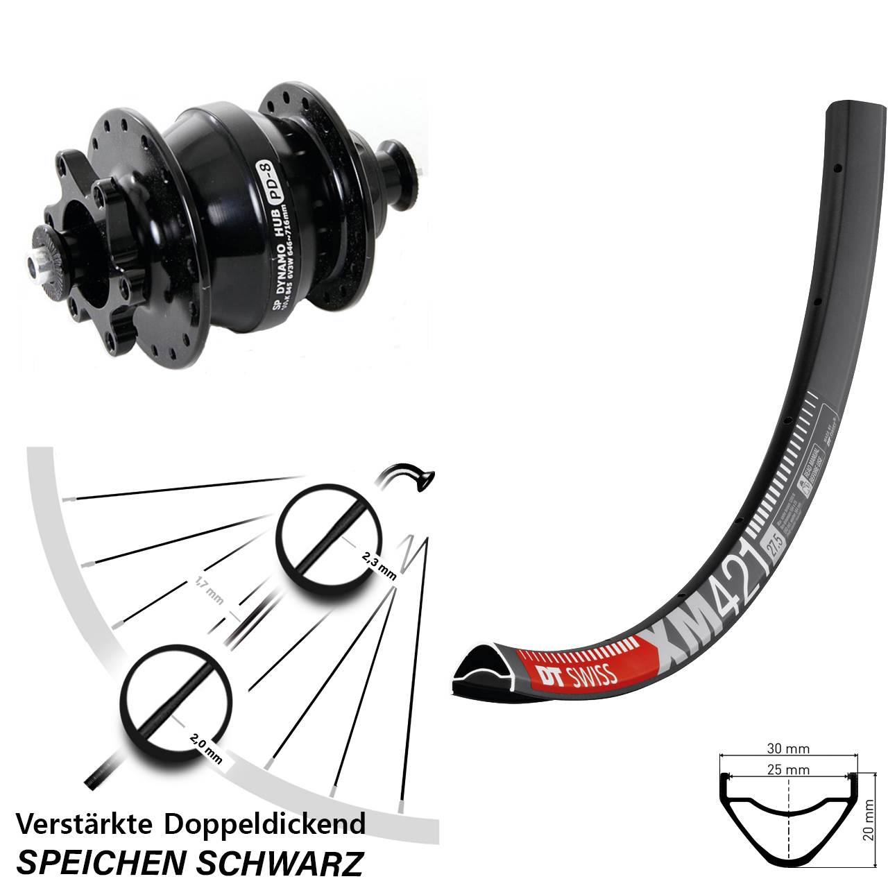Nabendynamovorderrad 6-Loch 27,5 Zoll DT Swiss XM 421 Shutter PD-8 für Schnellspanner