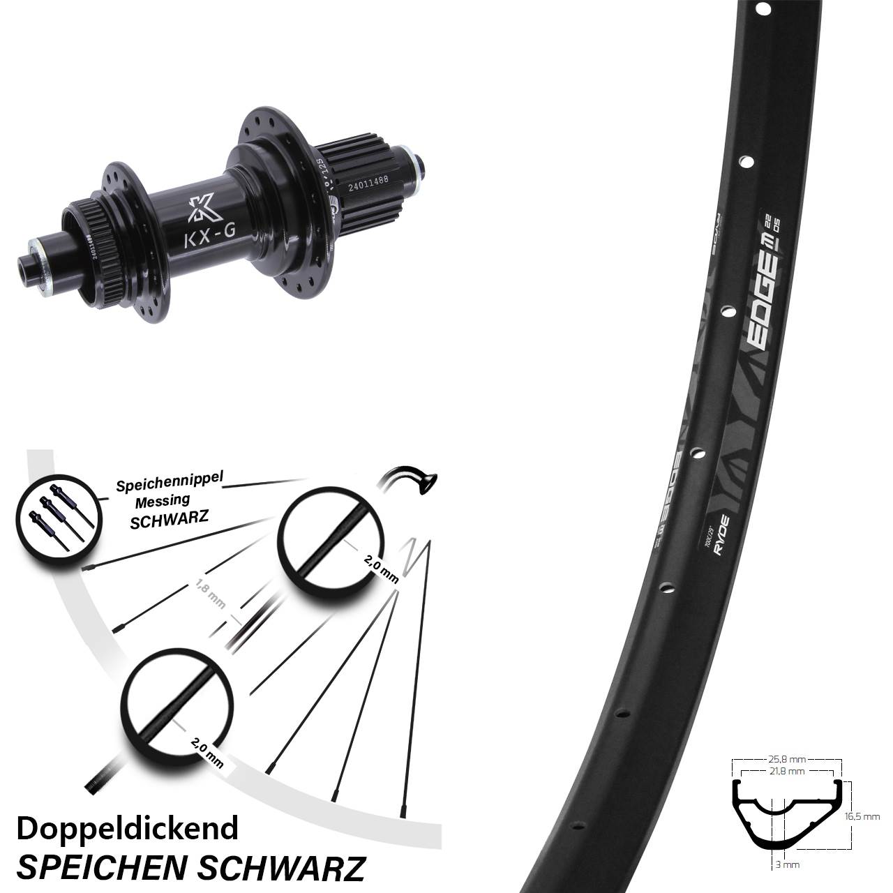 Ryde Edge M22 28 Zoll Hinterrad KX-G Micro Spline