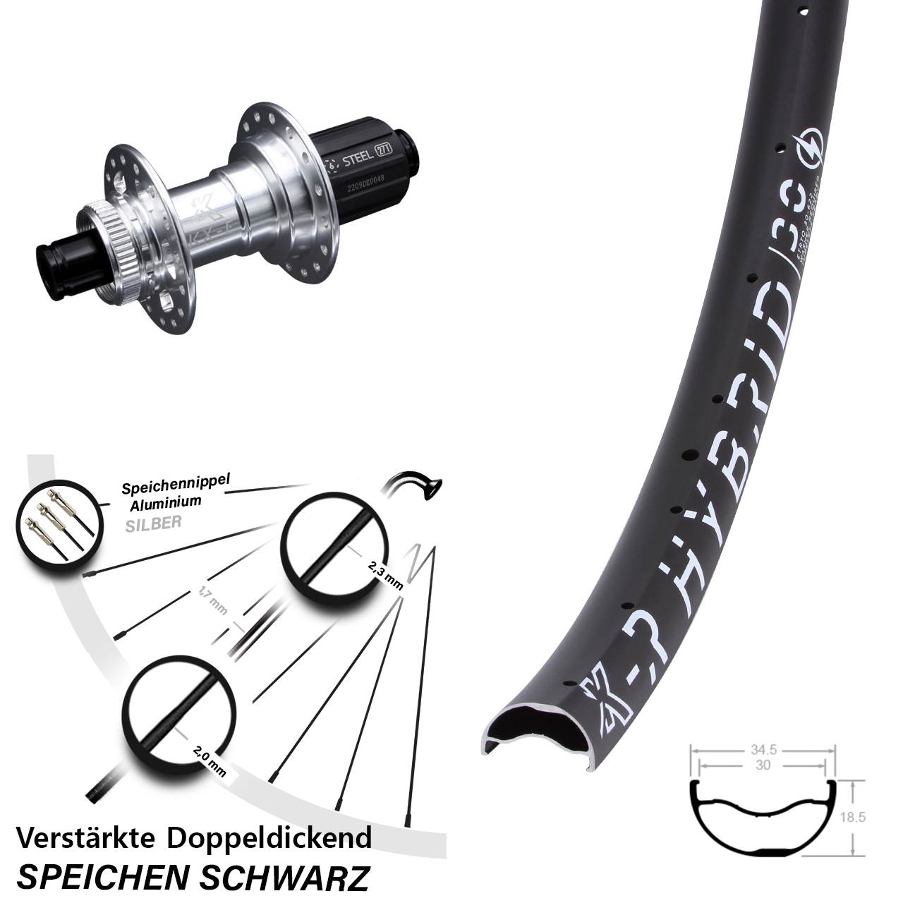 29 Zoll Hinterrad Steckachse 12x142 mm silbern eloxiert 11-fach KX-ER Hybrid