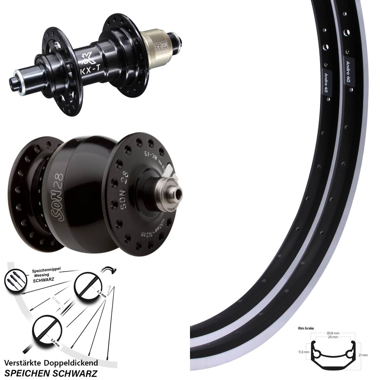 Ryde Andra 40 KX-T SON 28 20/26 Zoll Laufradsatz für Schnellspanner XD