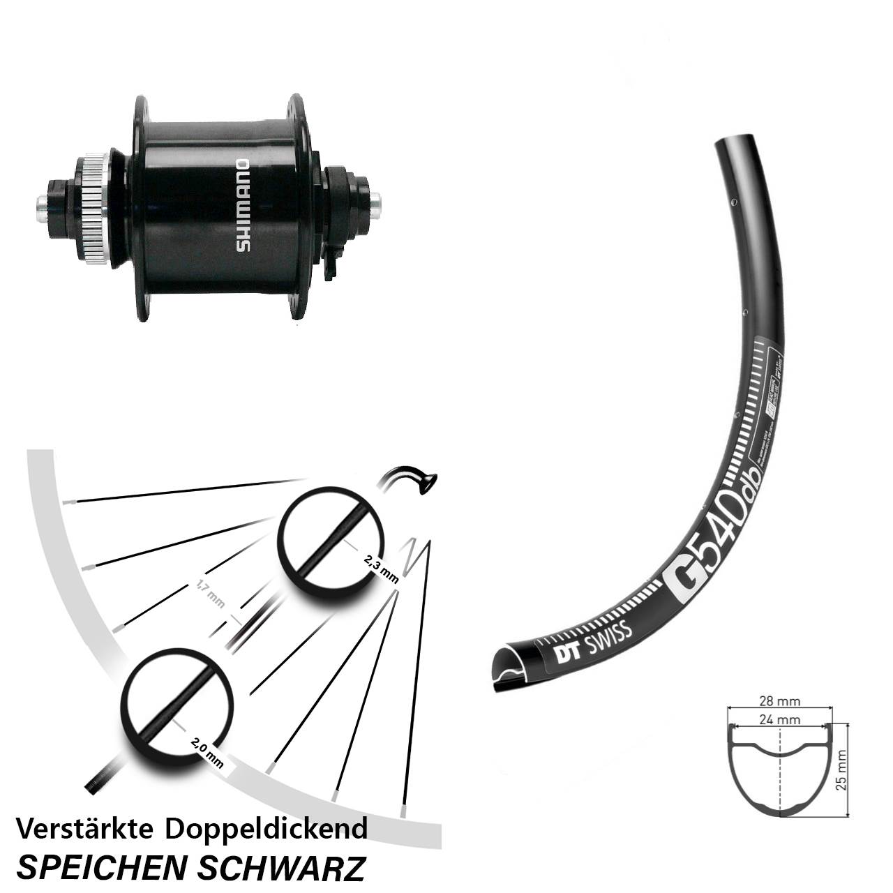 Vorderrad 28 Zoll DT Swiss G 540 Gravel Dynamo Shimano DH-UR700-3D für Schnellspanner
