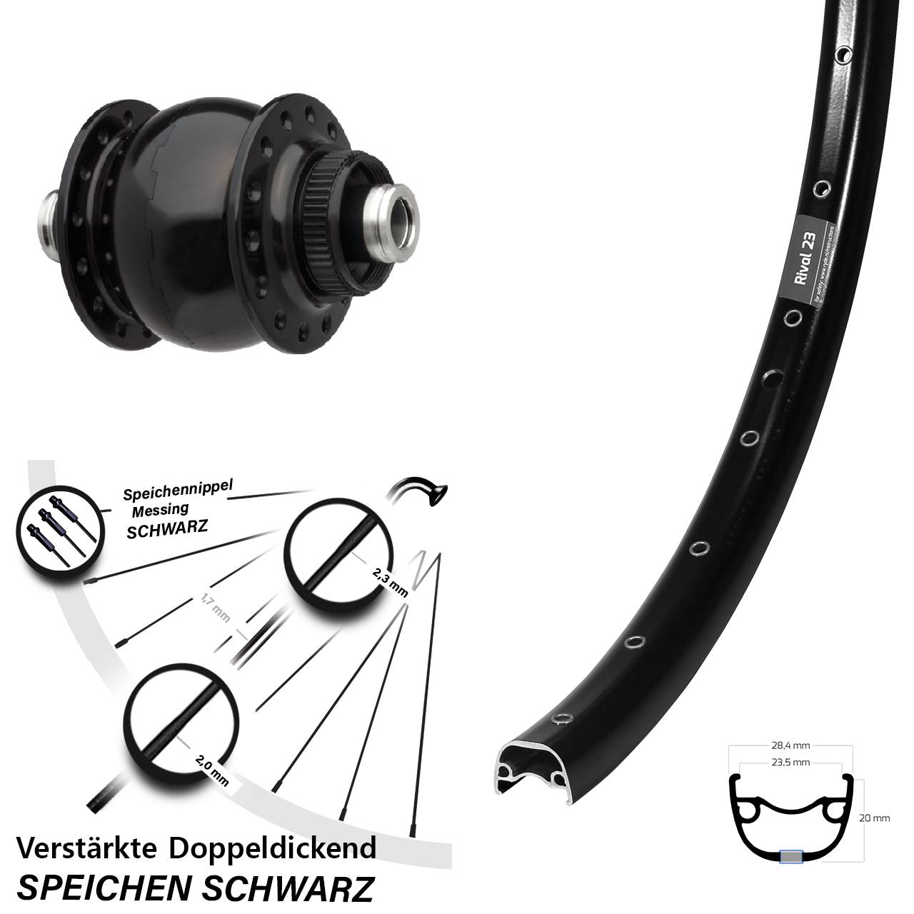 SONdelux Ryde Rival 23 650B Disc Laufrad mit Nabendynamo 12x100