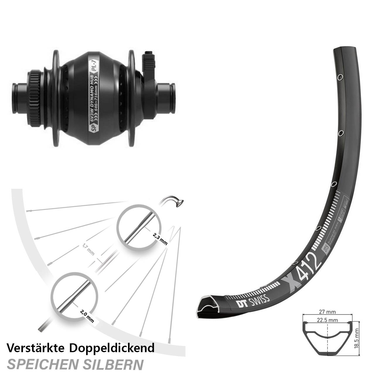Disc Vorderrad mit Nabendynamo 12x100 29 Zoll DT Swiss X 412 Shutter PL-7