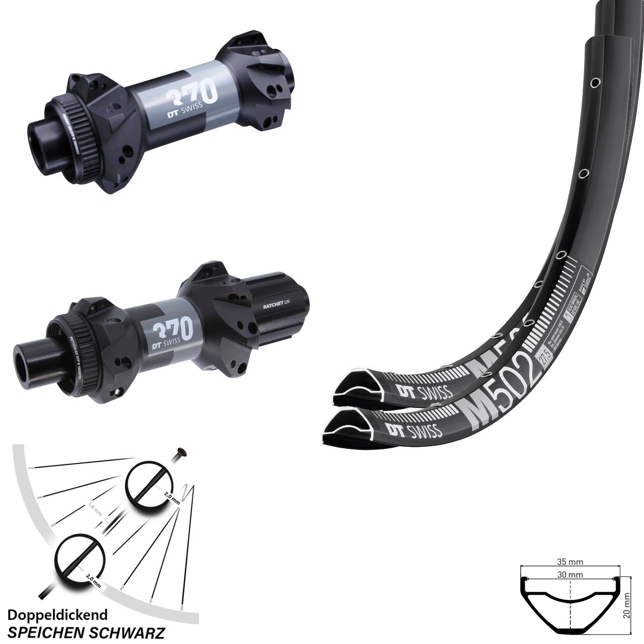DT Swiss M502 370 Straightpull 29 Zoll Disc Laufrad-Satz 15x110 12x148 8-11 fach