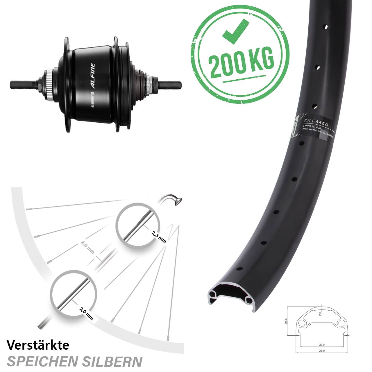20 Zoll Shimano Alfine 8 Gang KX Cargo Disc Hinterrad