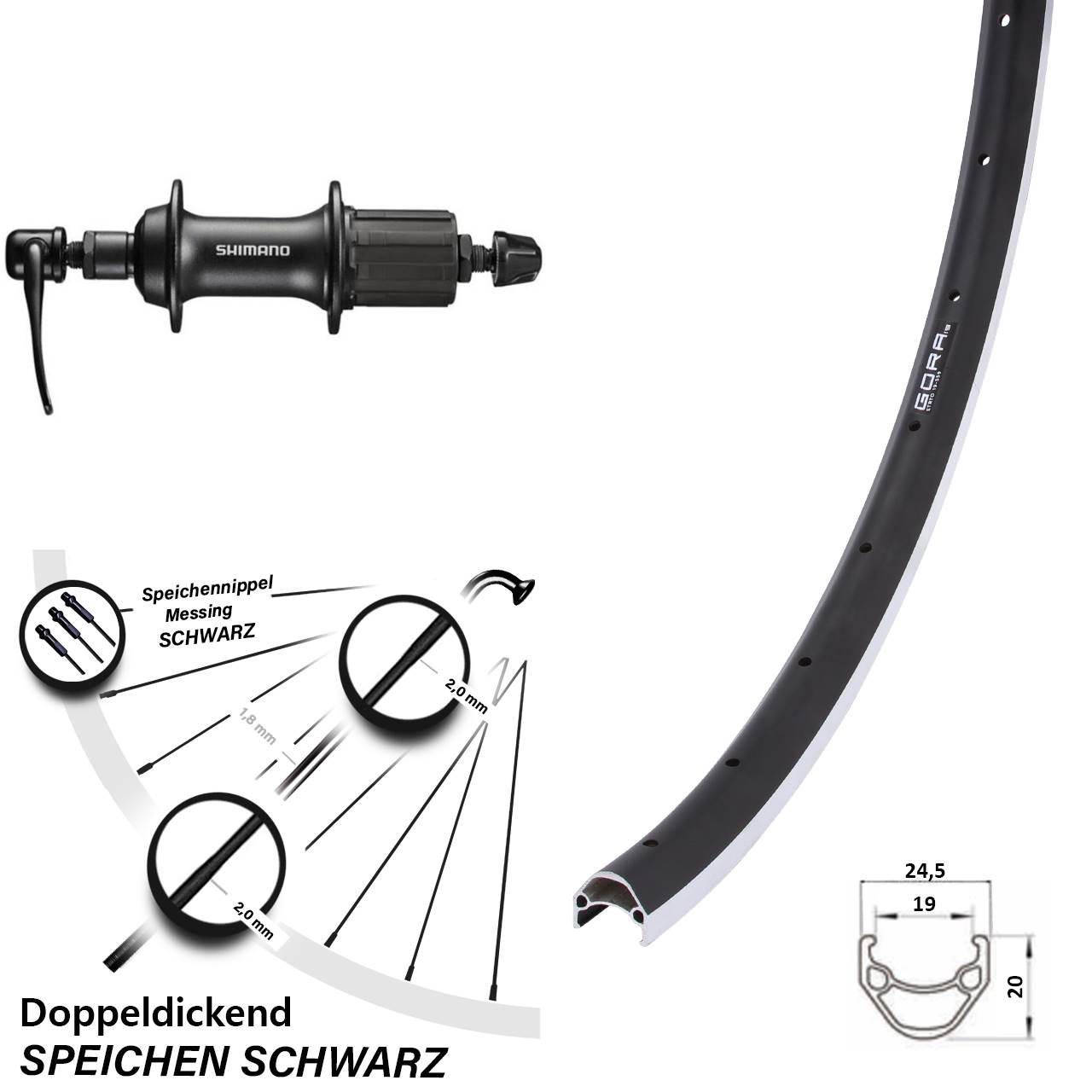 26 Zoll Gora 19 Shimano FH-T3000 Hinterrad QR 8-11 fach HG