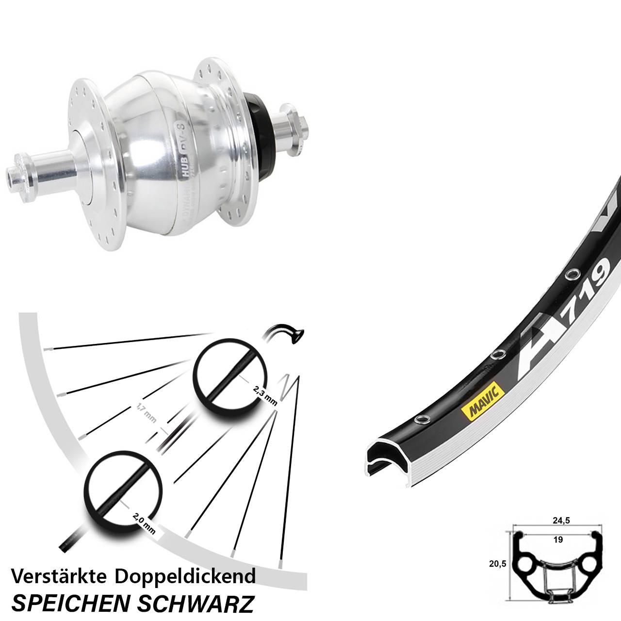 Vorderrad mit Nabendynamo 28 Zoll Mavic A 719 Shutter Precision PV-8 für Schnellspanner