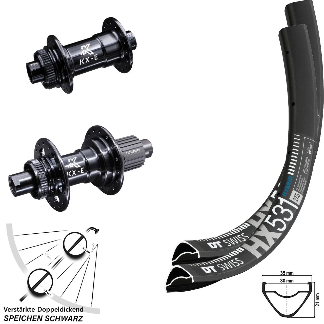 29 Zoll DT Swiss HX 531 KX-E Stahlfreilauf Laufrad-Satz 15x100 12x142 Micro Spline