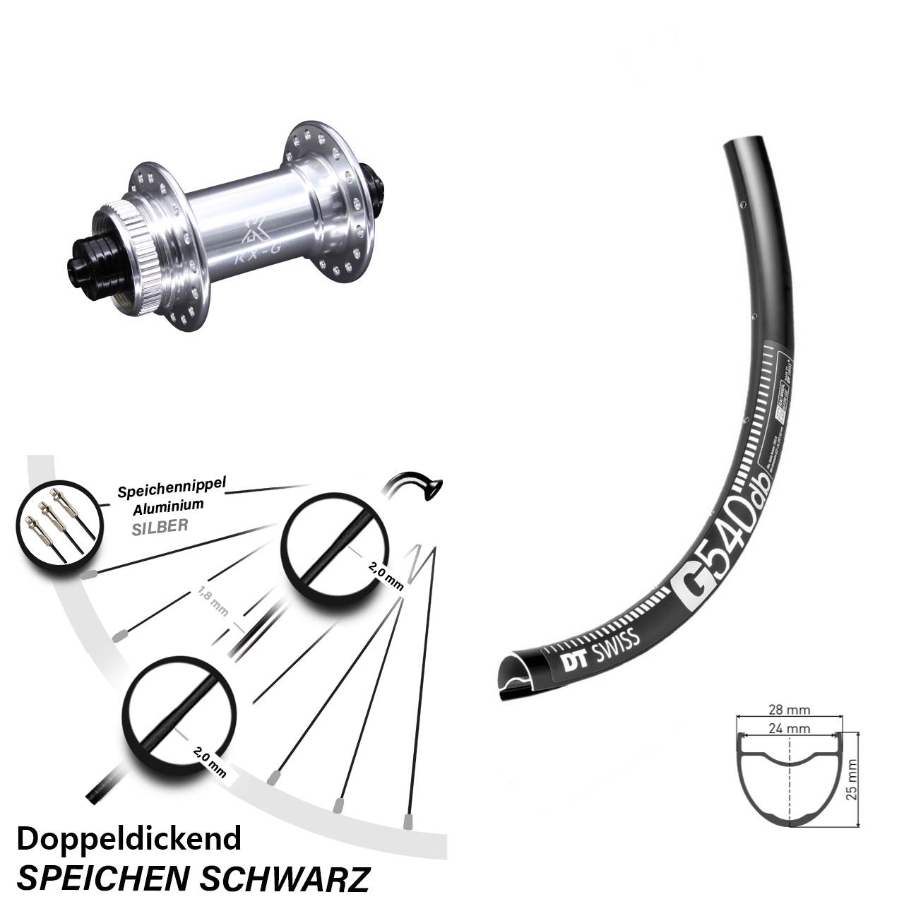 Laufrad 27,5 Zoll DT Swiss G540 Disc KX-G Centerlock 5/100 silbern