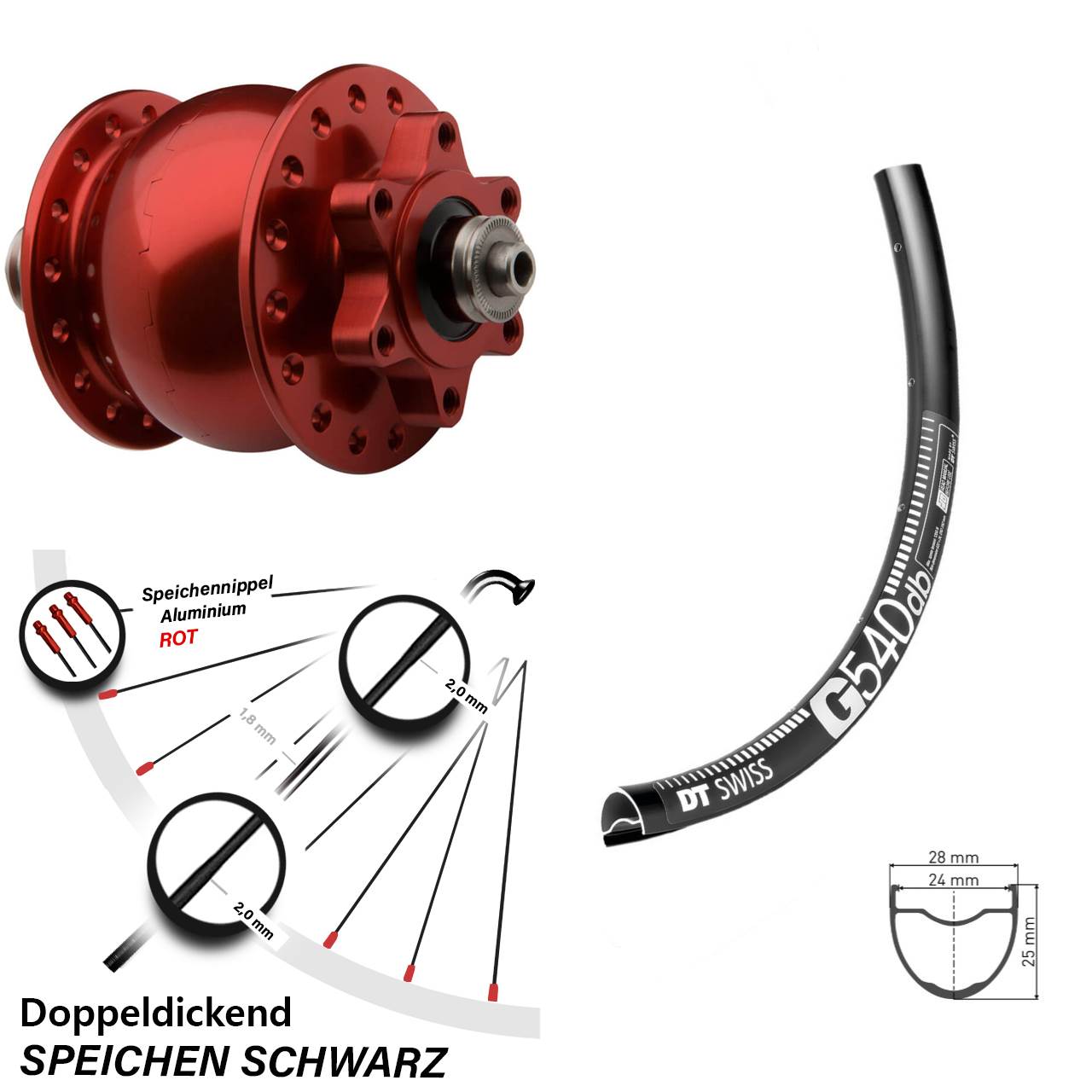 Nabendynamo 5x100 mm Vorderrad SON 28 rot DT Swiss G 540 Disc 6-Loch Gravel