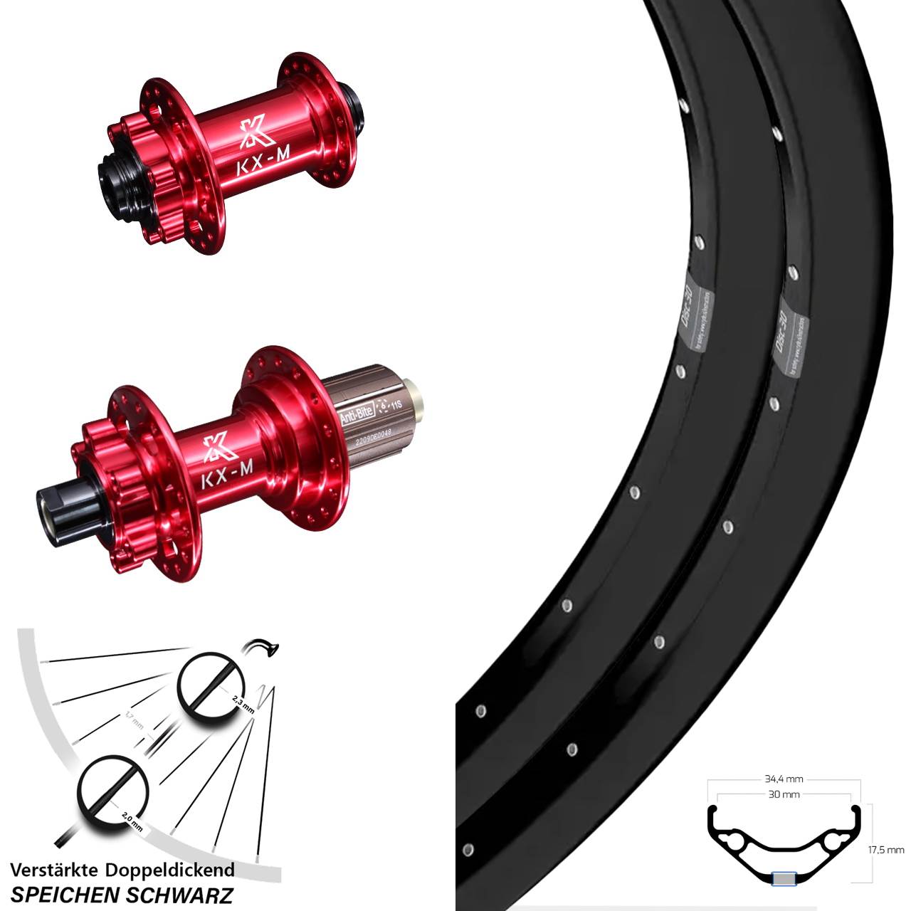 Laufradsatz 6-Loch 15x100 12x142 29 Zoll Ryde Disc 30 KX-M rot 8-12 fach