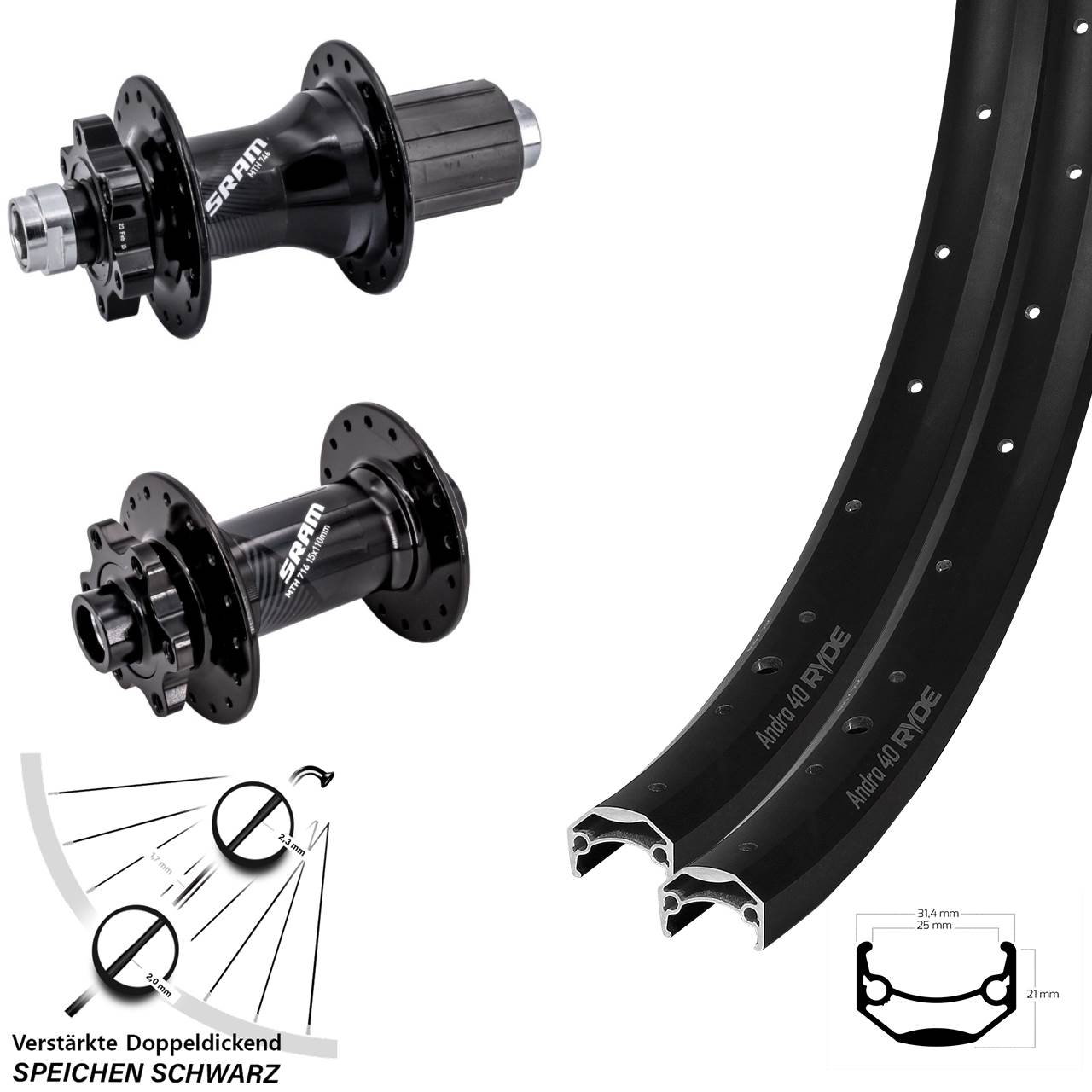 Laufradsatz 6-Loch 26 Zoll Ryde Andra 40 Sram 716 746 8-11 fach Boost