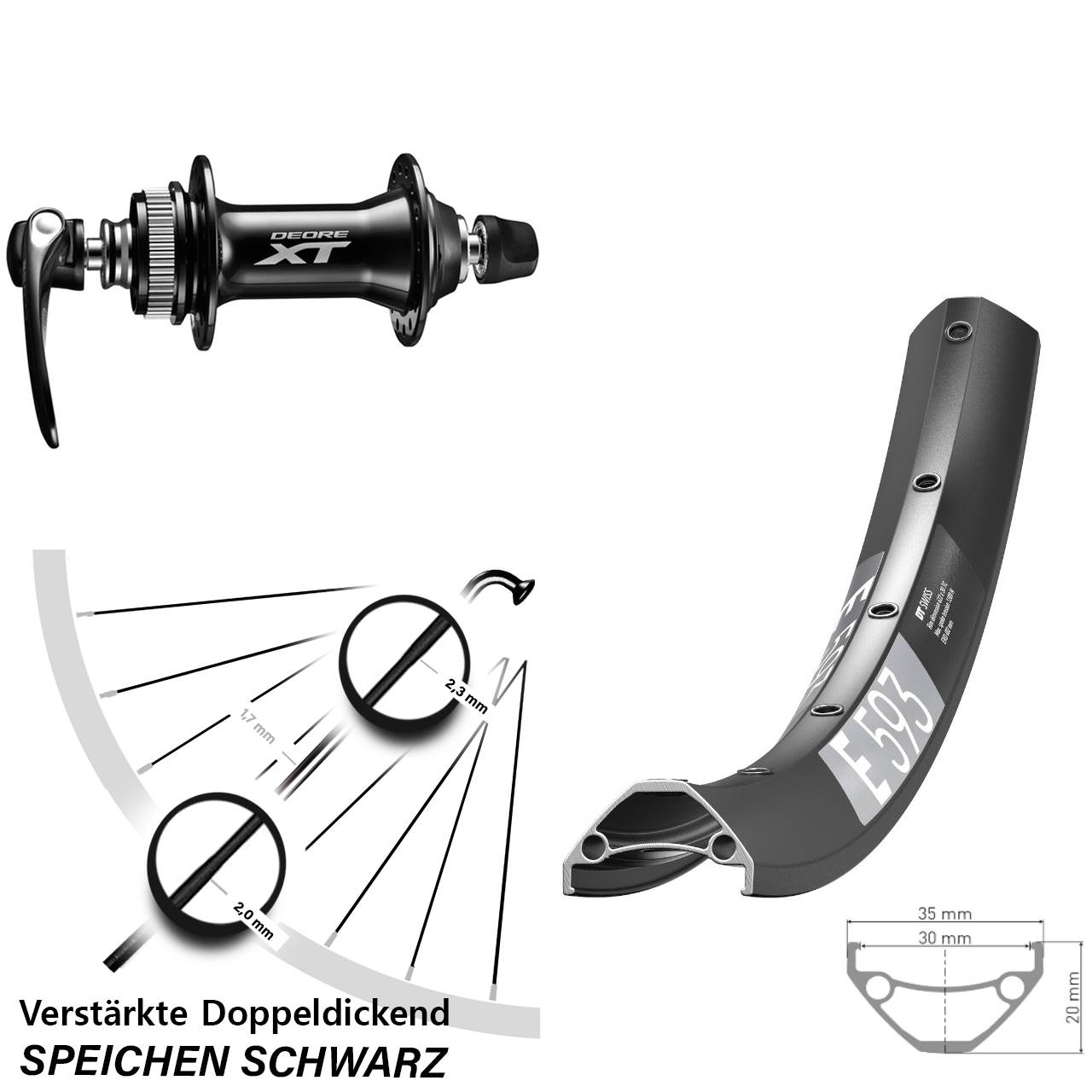 27,5 Zoll DT Swiss E593 Shimano HB-M8000 Disc Vorderrad für Schnellspanner