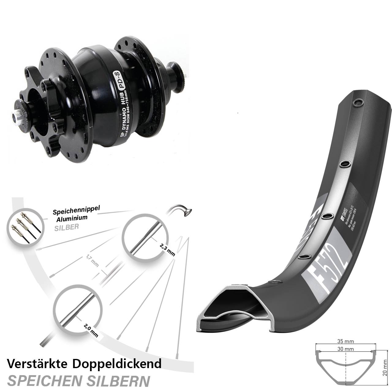 Nabendynamovorderrad 6-Loch 29 Zoll DT Swiss F 572 Shutter PD-8 für Schnellspanner
