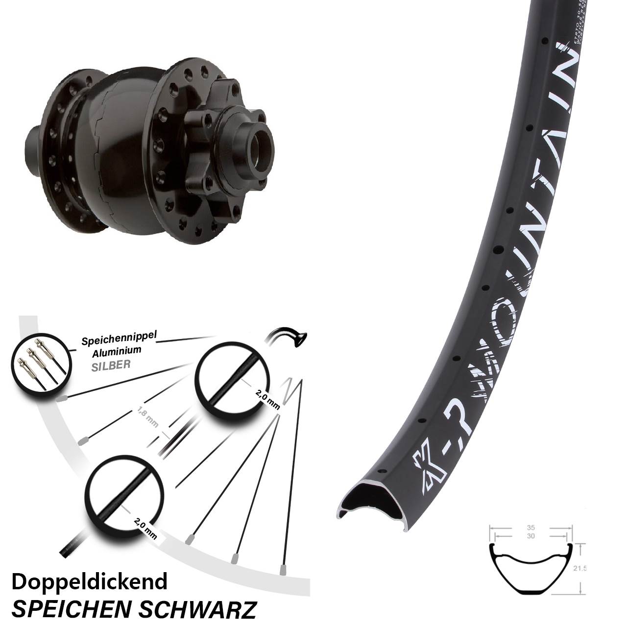 Nabendynamo SON 28 Steckachse 15x100mm KX-R Mountain Vorderrad Disc 6-Loch 27,5 Zoll