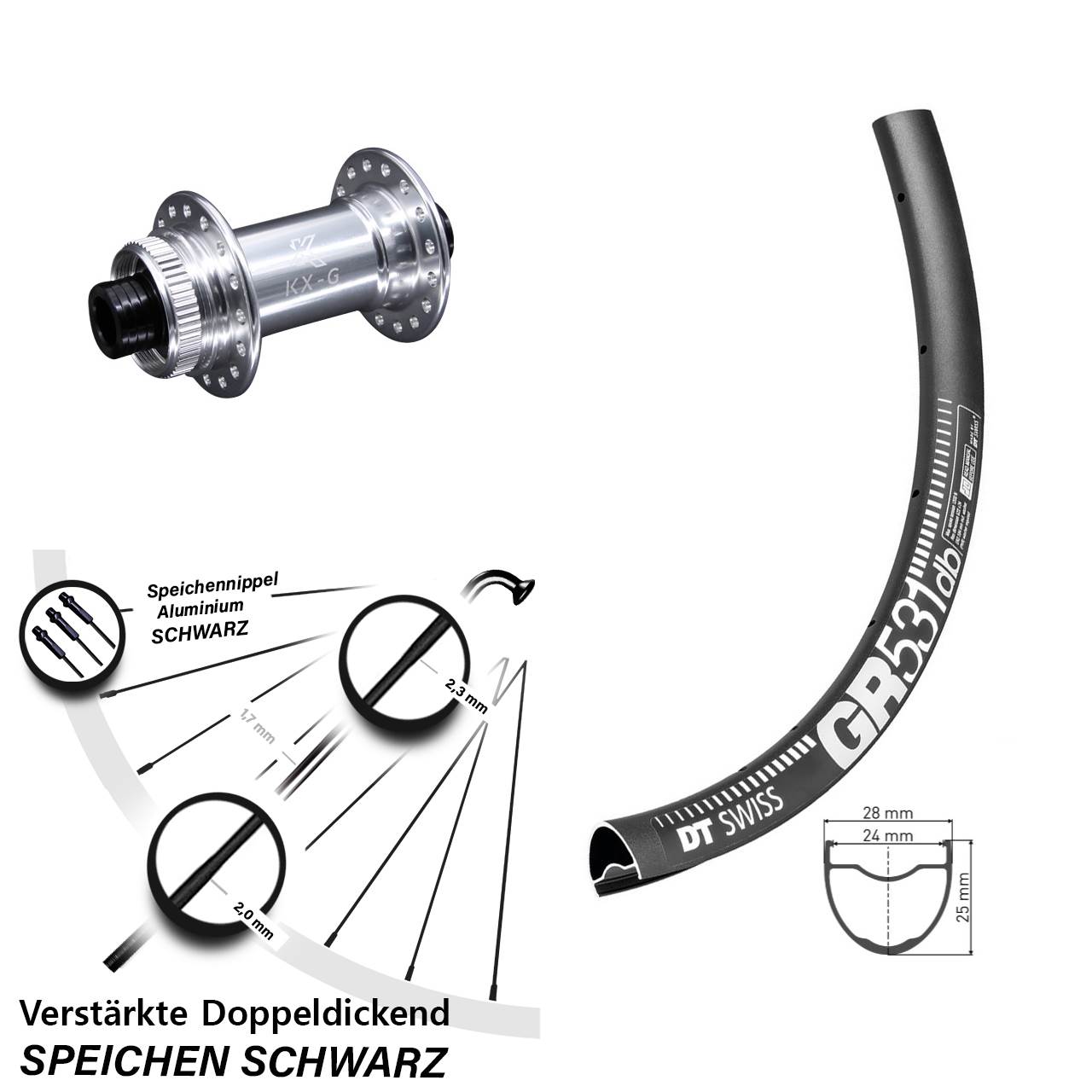DT Swiss GR 531 Gravel Vorderrad 27,5 Zoll mit KX-G silbern Centerlock Nabe Steckachse