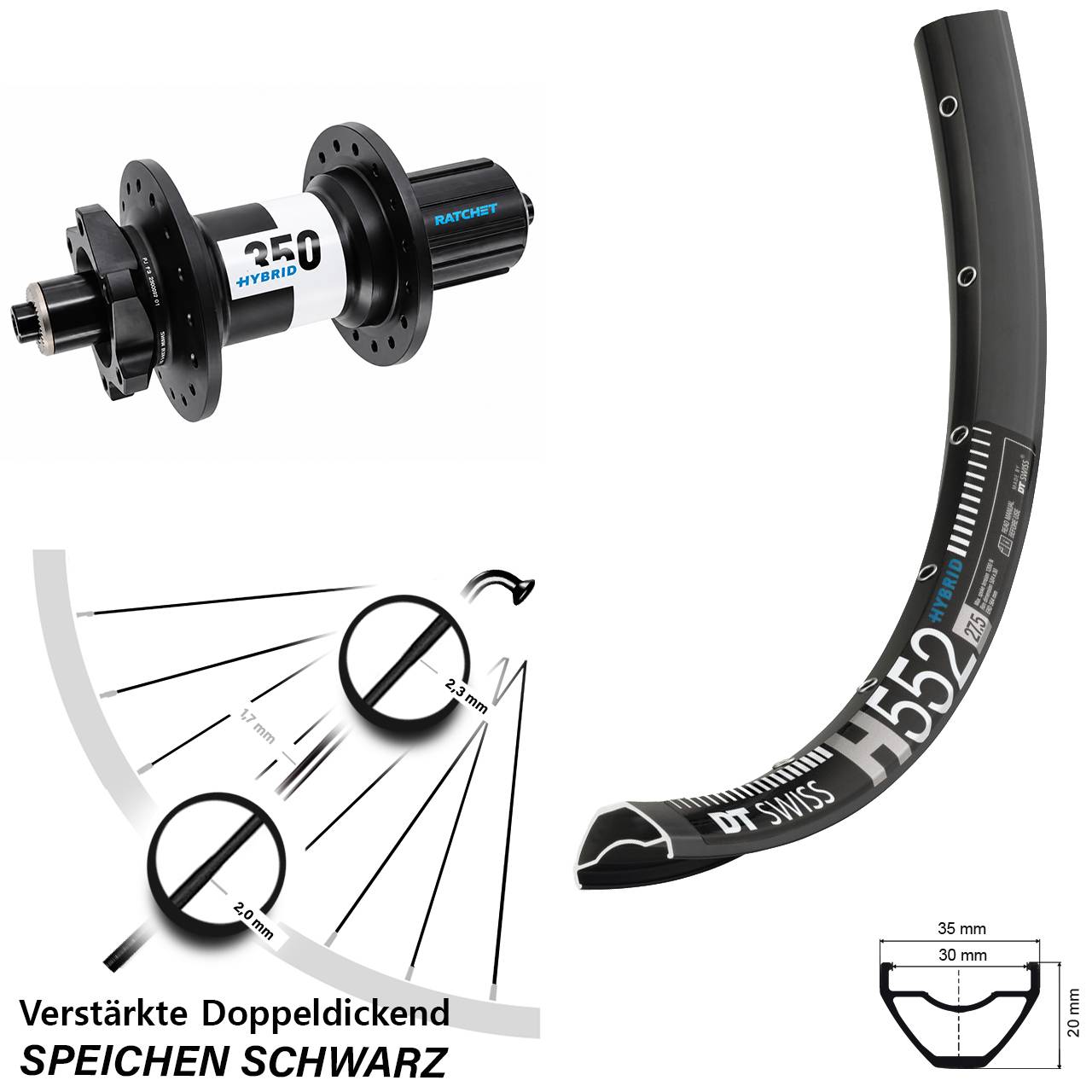 Hinterrad 29 Zoll DT Swiss H552-350 Hybrid 8-11 fach HG für Schnellsp.