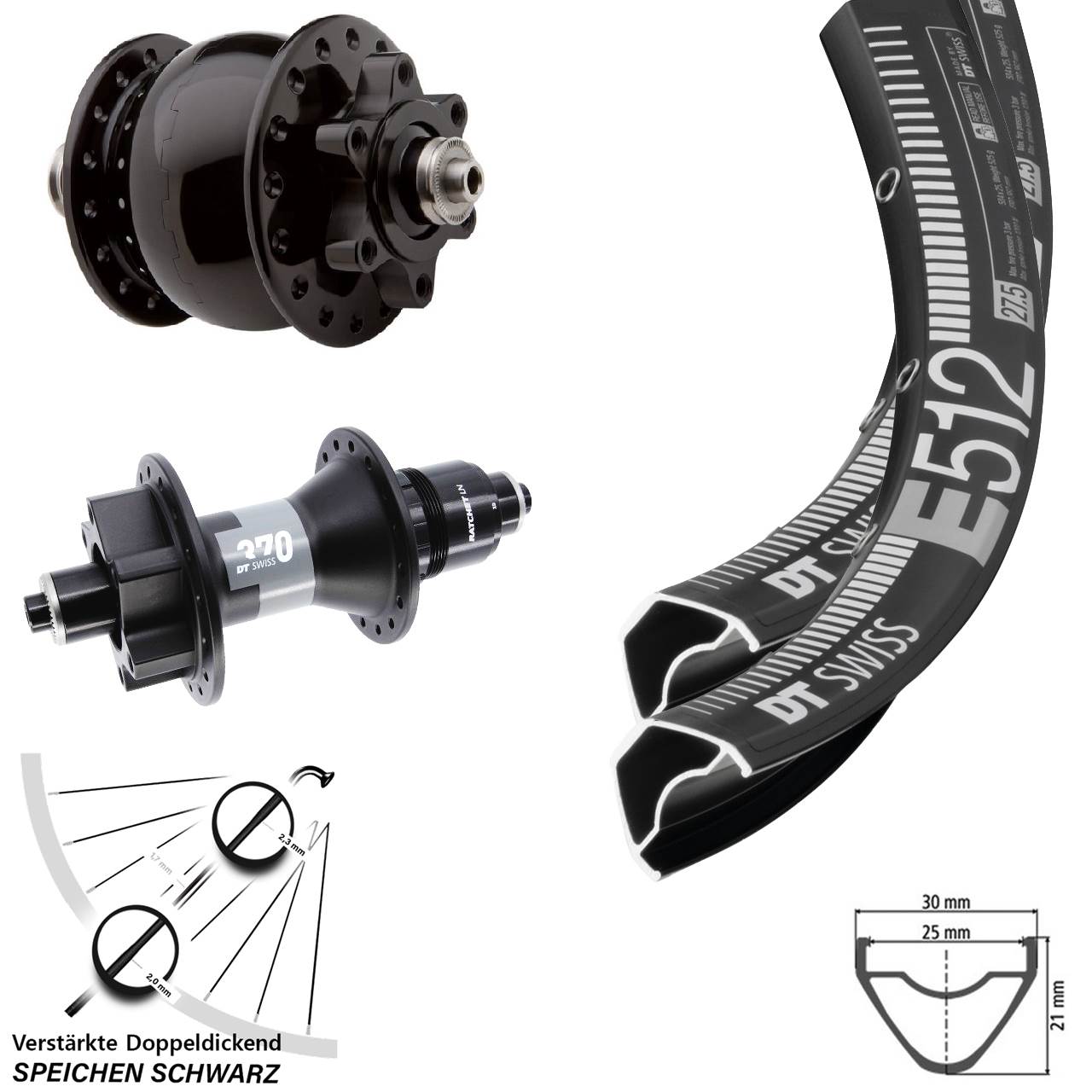 6-Loch Laufradsatz für Schnellspanner 27,5 Zoll DT Swiss E512 370 SON 28 XD