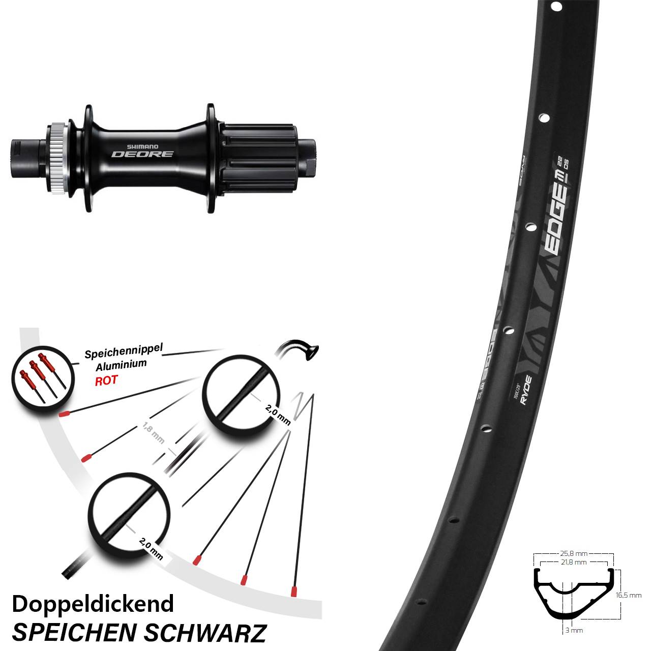 Hinterrad Centerlock 29 Zoll Ryde Edge M22 Shimano Deore 8-11 fach 12x148