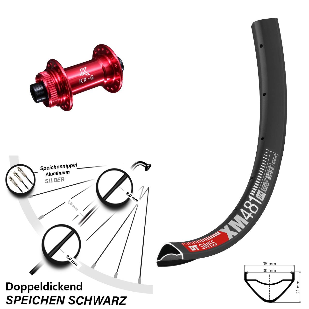 27,5 Zoll DT Swiss XM 481 KX-G rot Vorderrad Centerlock 12x100