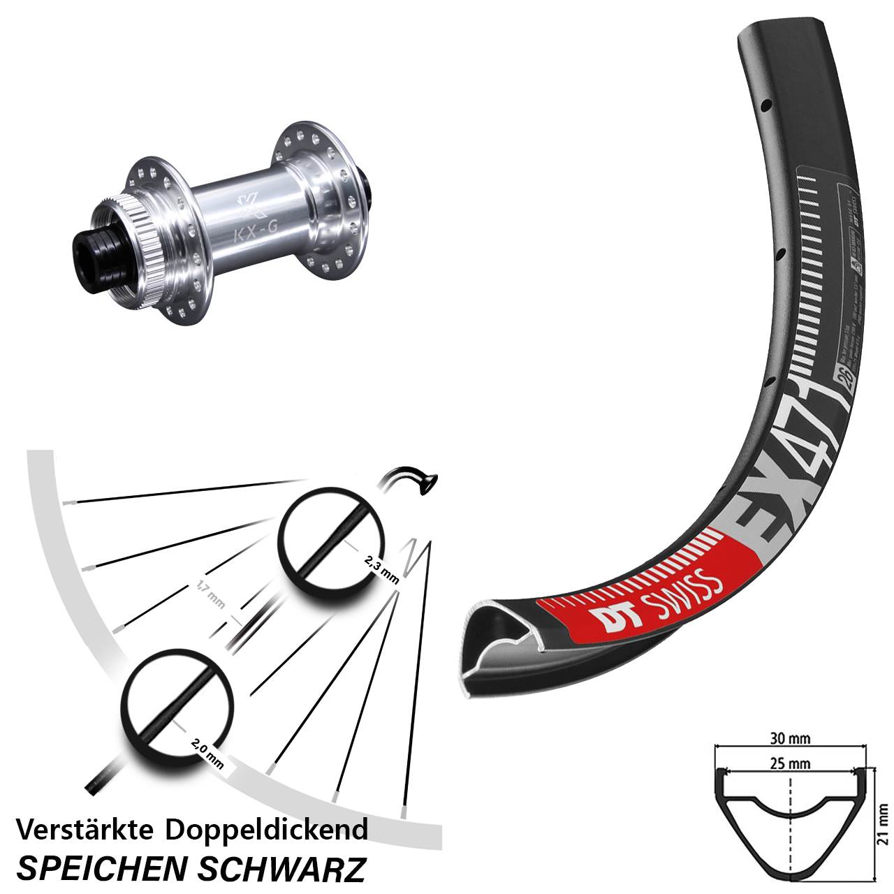 verstärktes 26 Zoll Vorderrad DT Swiss EX 471 mit KX-G Steckachse 15x100 mm silbern
