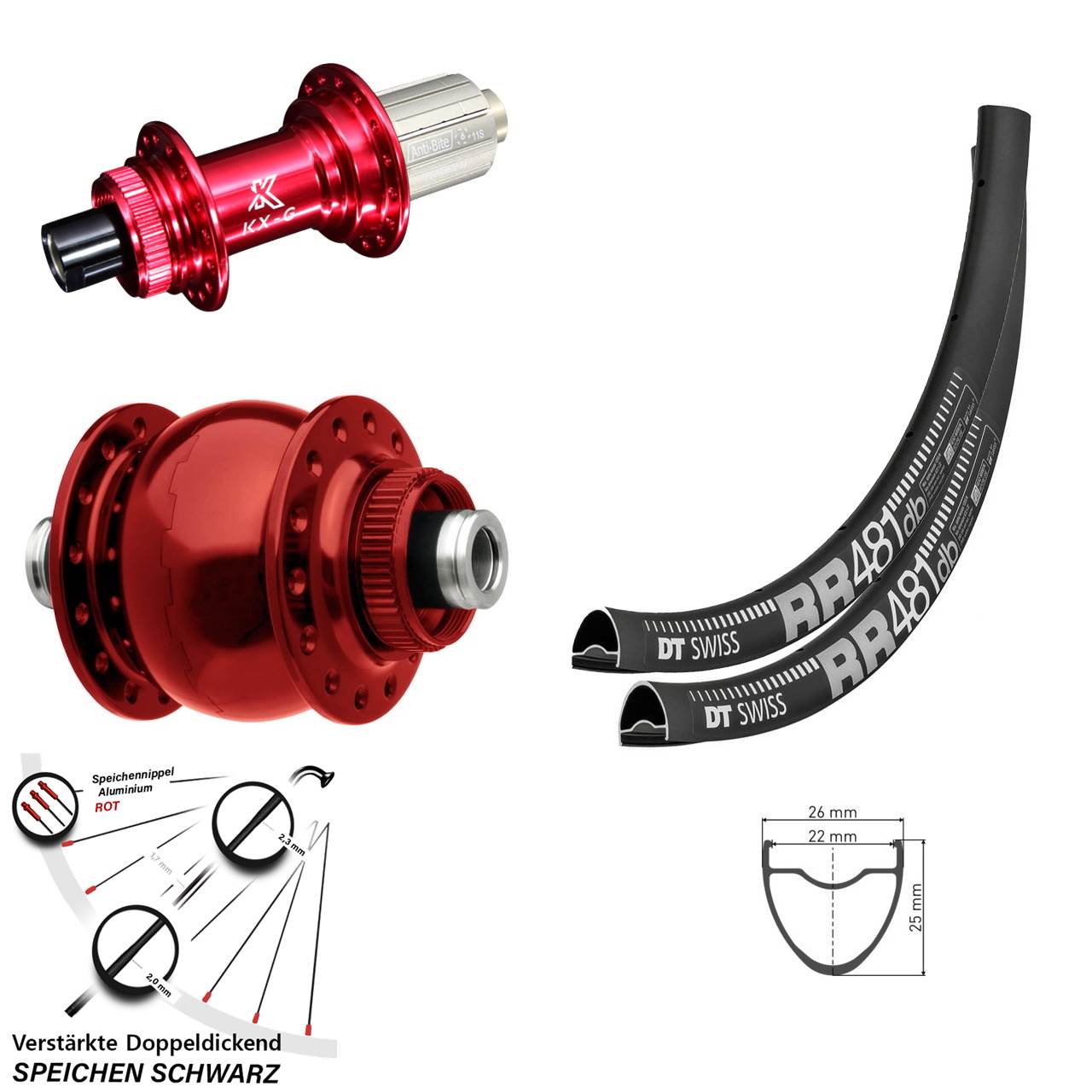 DT Swiss RR481 KX-G rot SON 28 rot 28 Zoll Centerlock Laufradsatz 12x100/142 8-12 fach