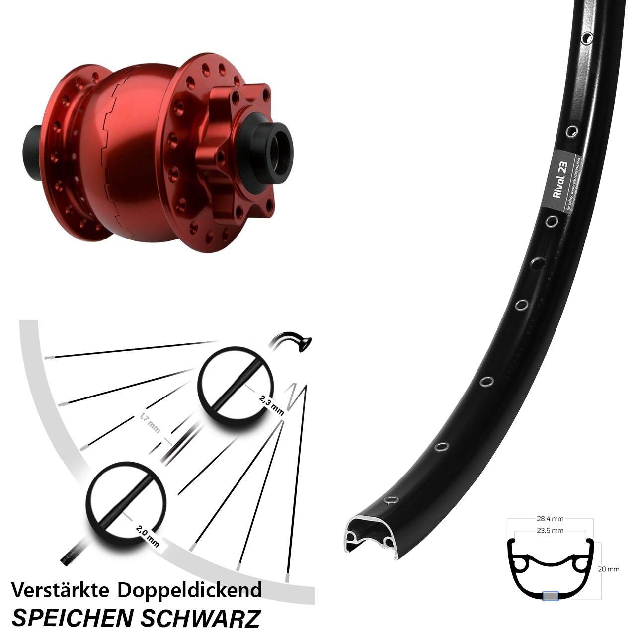 Vorderrad 27,5 Zoll Ryde Rival 23 schwarz SON 28 15x100 6-Loch rot eloxiert