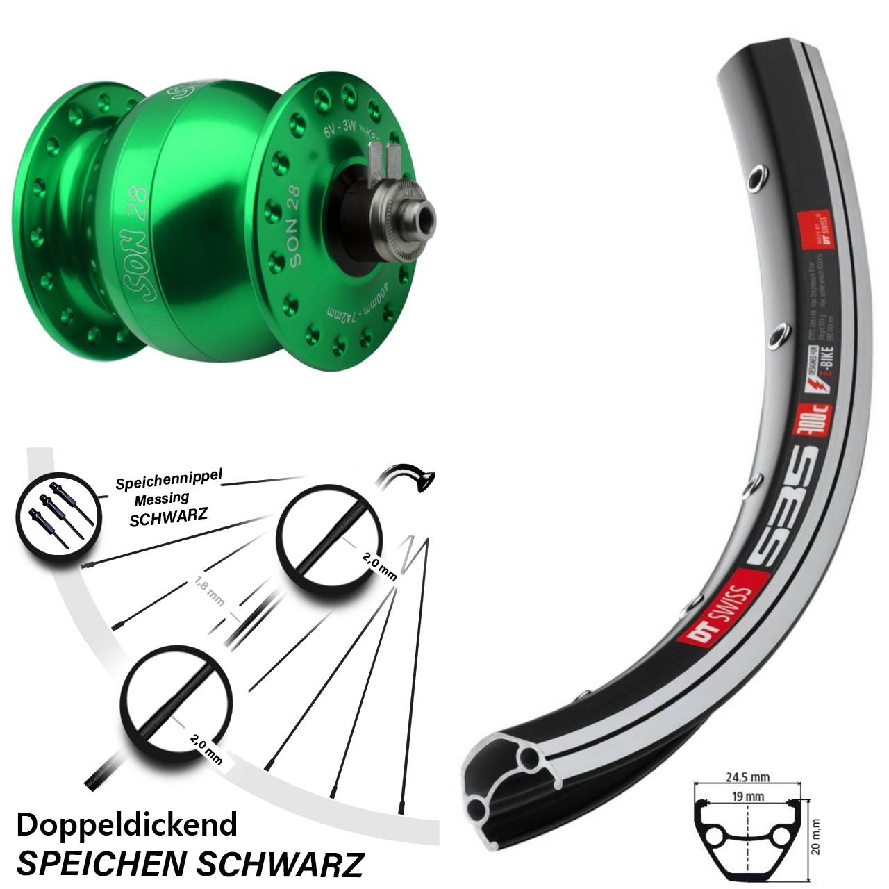 Vorderrad mit Nabendynamo 26 Zoll DT Swiss 535 SON 28 grün für Schnellspanner
