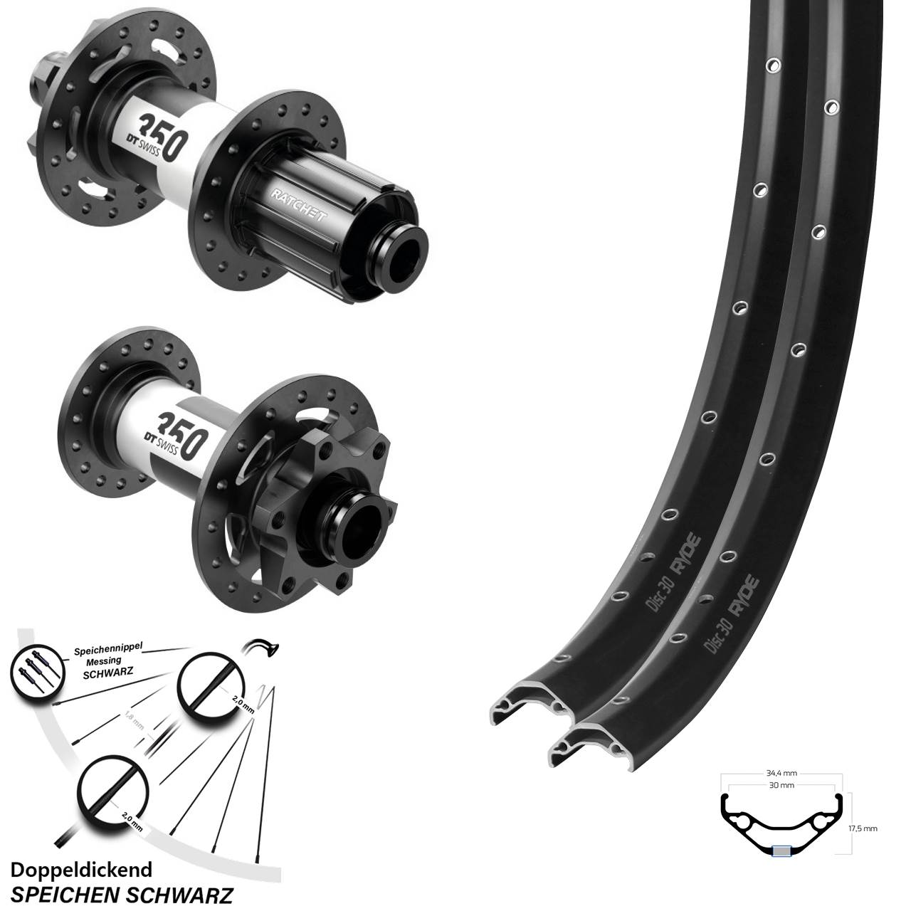 27,5 Zoll Ryde Disc 30 DT Swiss 350 Laufrad-Satz 15x110 12x148 8-11 fach HG