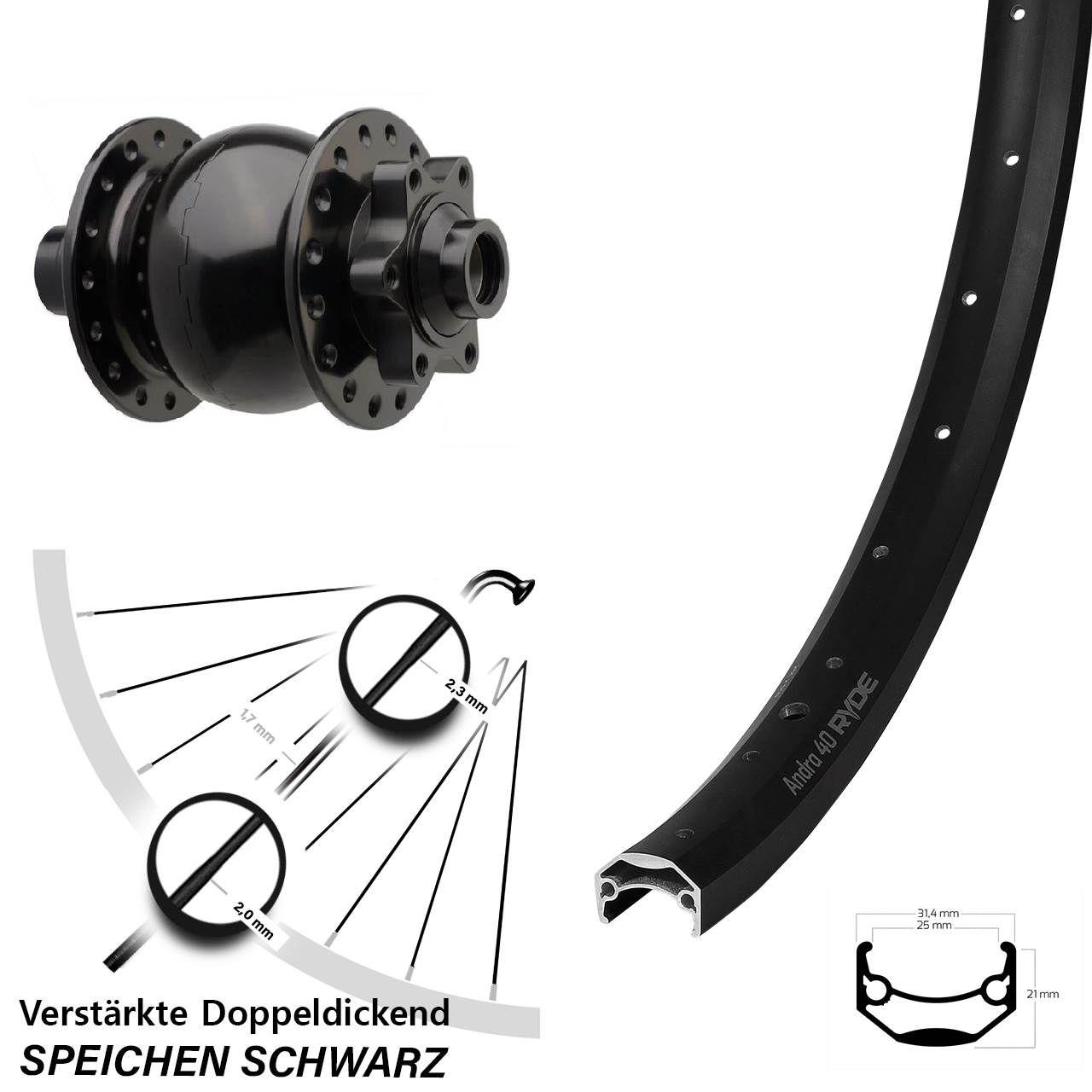 Disc Laufrad mit Nabendynamo 650B Ryde Andra 40 SON 28 15x110 Boost