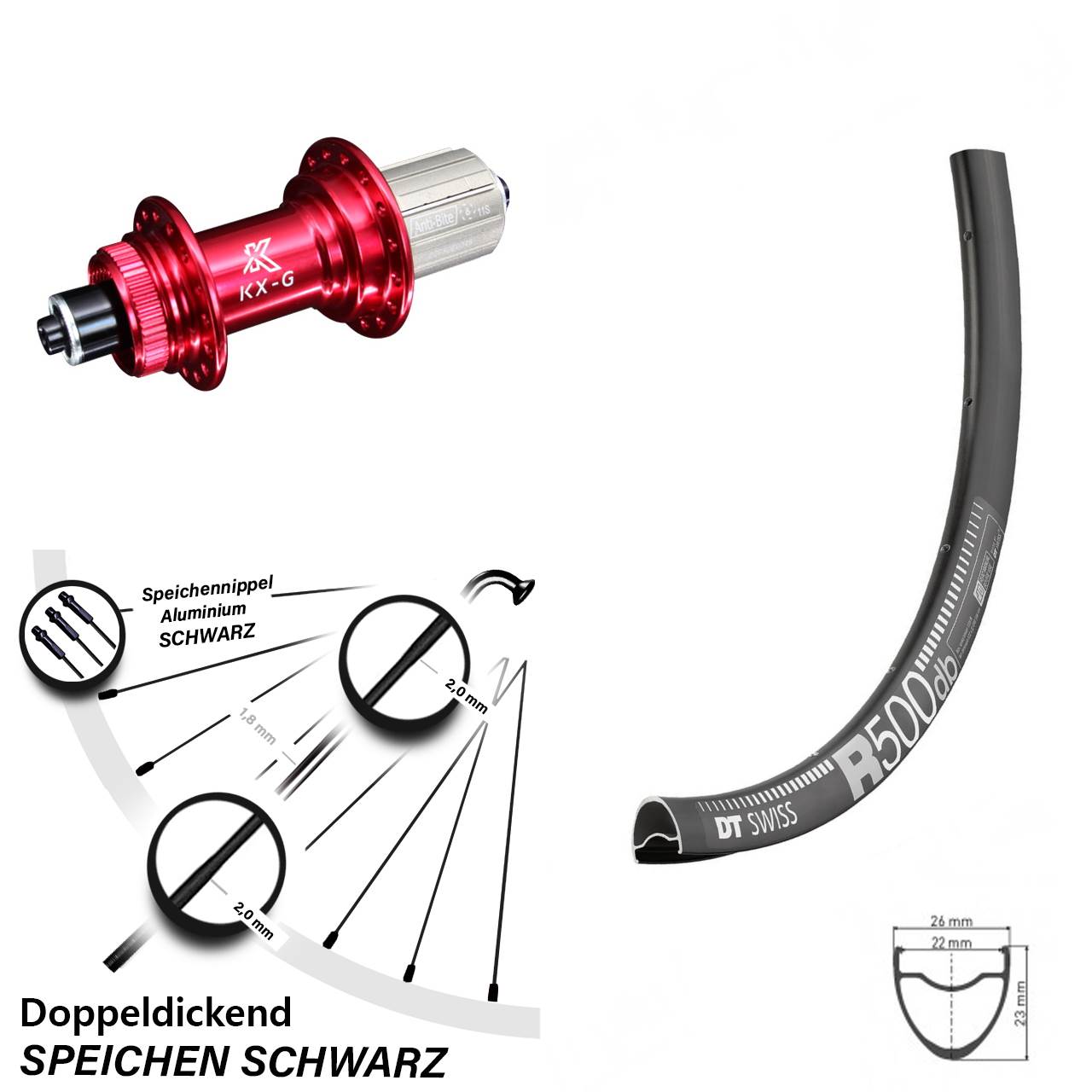 28 Zoll Hinterrad DT Swiss R 500 mit KX-G Nabe rot-eloxiert Shimano 8-12 fach 5/135 mm