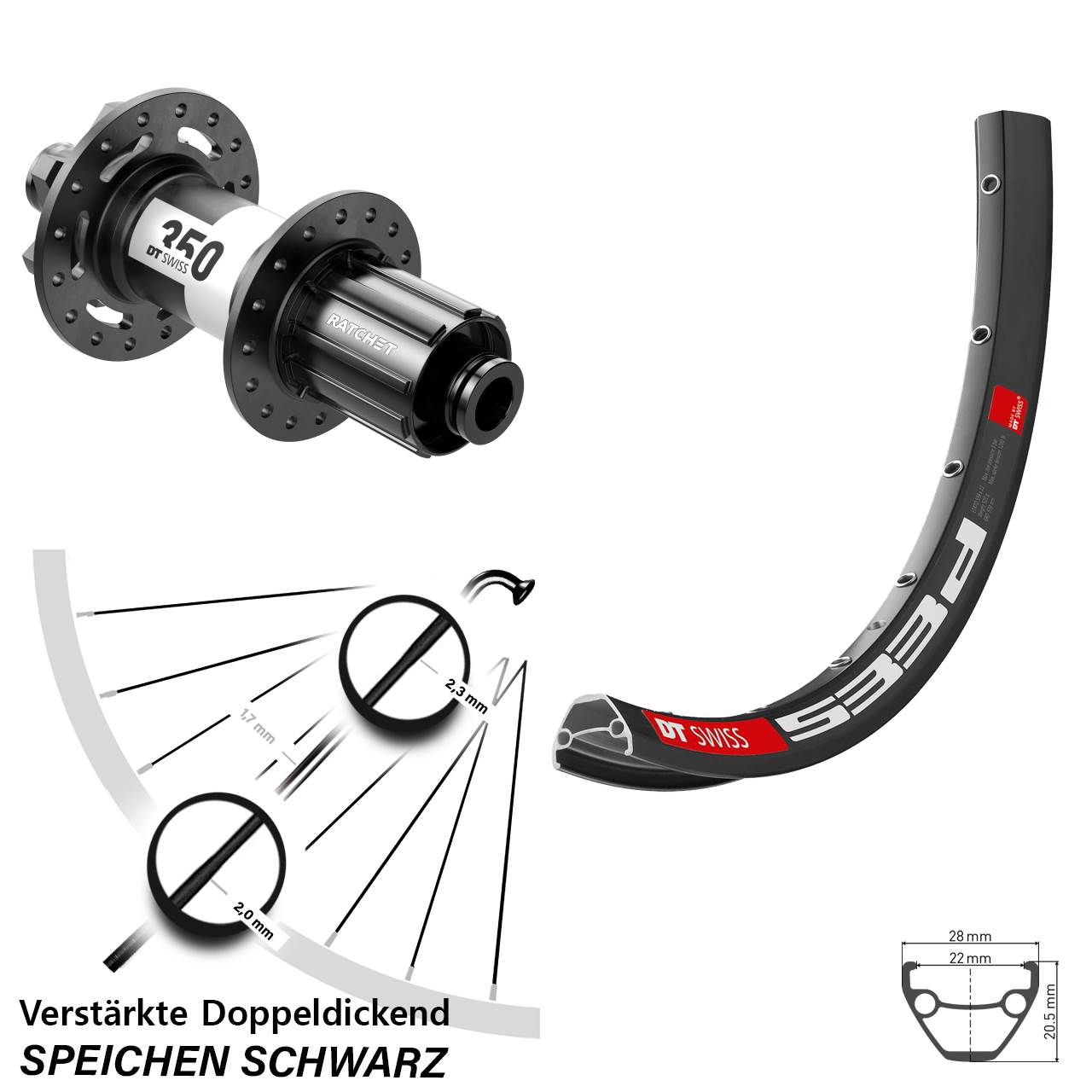 27,5 Zoll DT Swiss 533d-350 Downhill Hinterrad 6-Loch 12x150 (DH alt) 8-11 fach HG