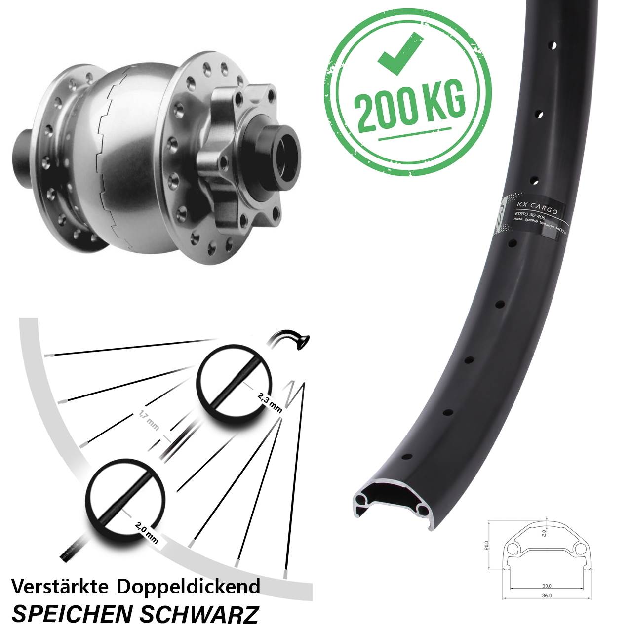 Vorderrad 20 Zoll KX Cargo SON 28 15x100 6-Loch silbern eloxiert
