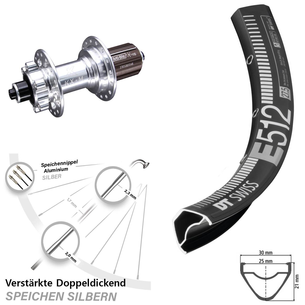 Disc Laufrad für Schnellspanner 27,5 Zoll DT Swiss E 512 KX-M 8-12 fach HG