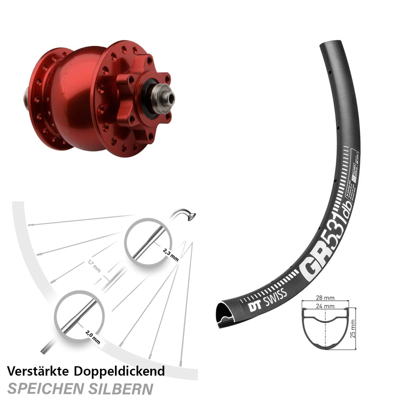 DT Swiss GR531 SON 28-29 Zoll rot Disc Nabendynamolaufrad für Schnellspanner